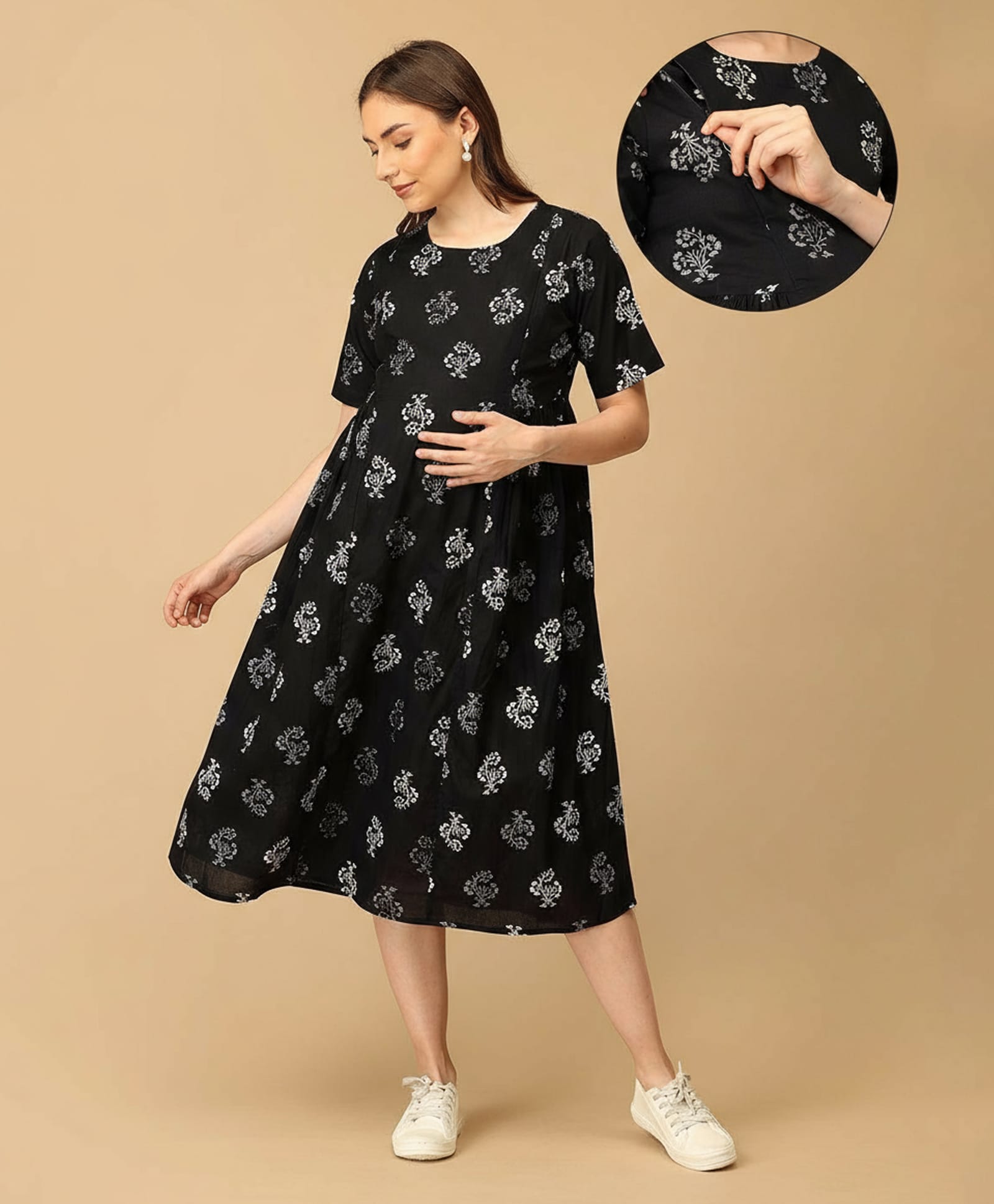 The Mom Store Cotton Woven Half Sleeves Floral Printed Maternity Dress With Side Zipper Nursing Access - Multi Colour-image-27