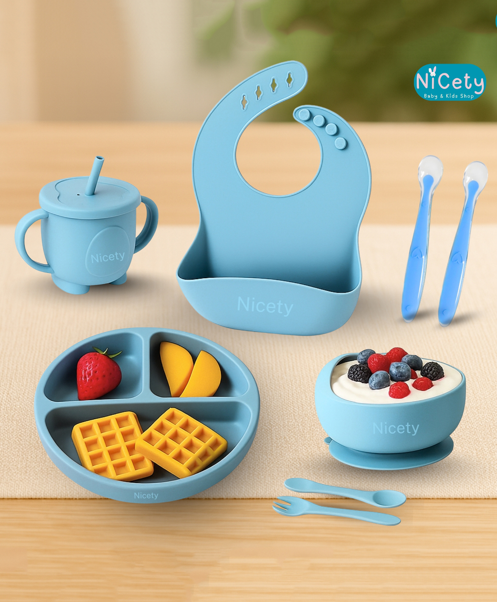 Nicety 8 Pcs Baby Feeding Set - 100% Food Grade Silicone Suction Plate, Bowl, Bib, Cup, Fork, Spoon & Soft-Tip Spoons , BPA Free, Dishwasher Safe (Blue)-image-37