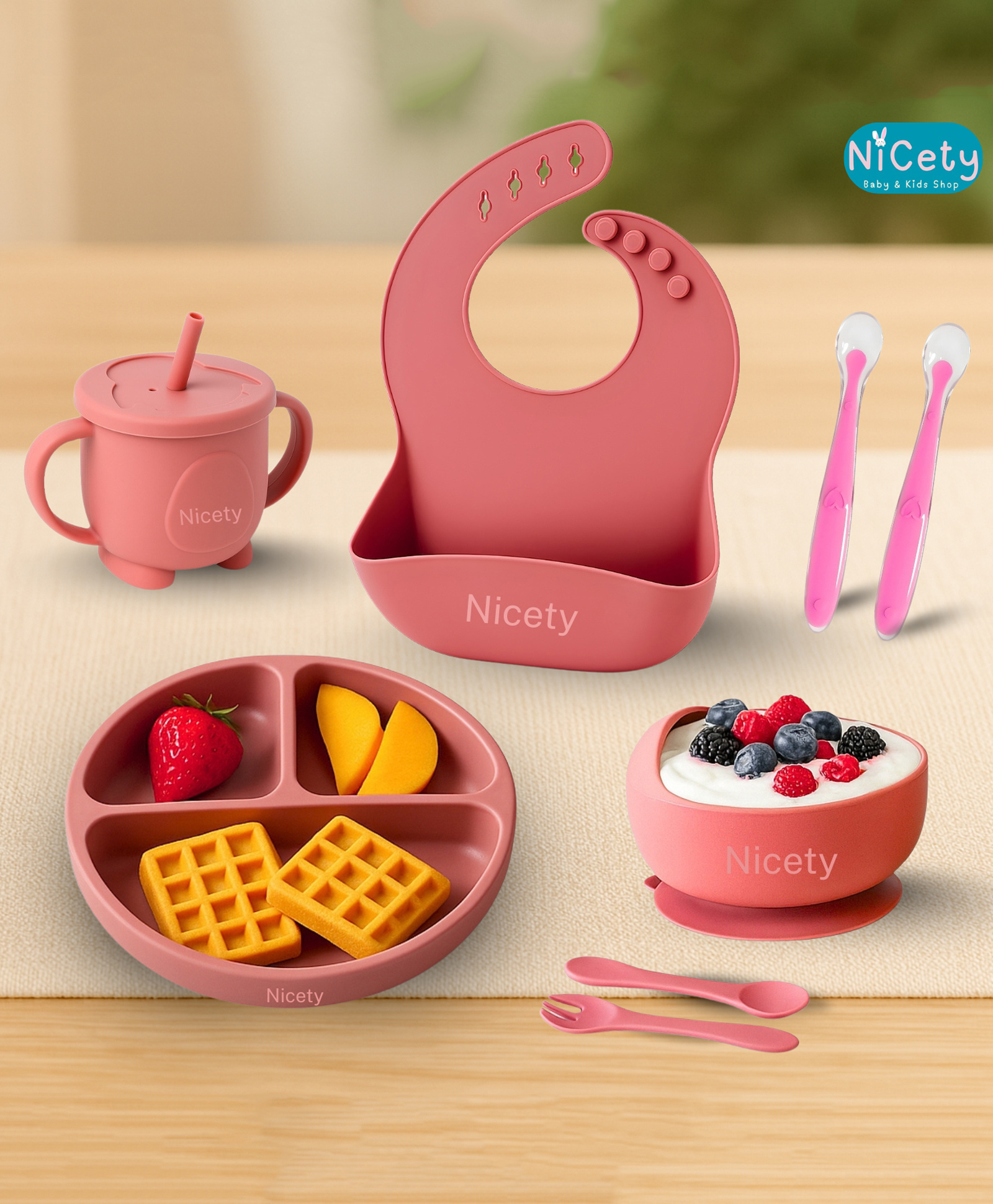 Nicety 8 Pcs Baby Feeding Set - 100% Food Grade Silicone Suction Plate, Bowl, Bib, Cup, Fork, Spoon & Soft-Tip Spoons , BPA Free, Dishwasher Safe (Pink)-image-2