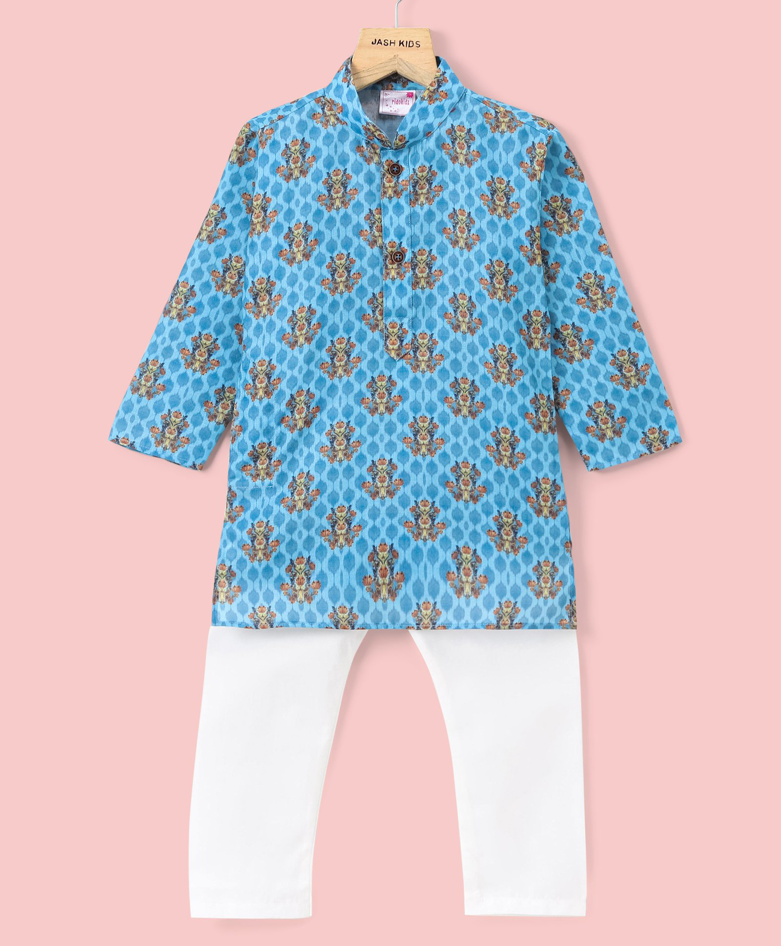 Ridokidz Full Sleeves Floral Printed Kurta Pyjama Set - Firozi-image-31