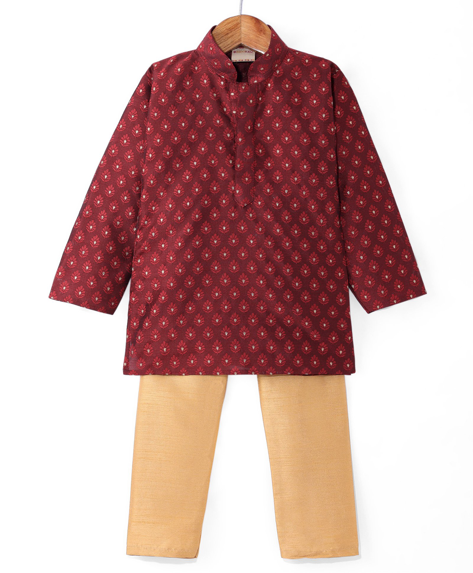 Ridokidz Full Sleeves Floral Embroidered & Foil Printed Kurta Pyjama Set - Maroon-picture-27