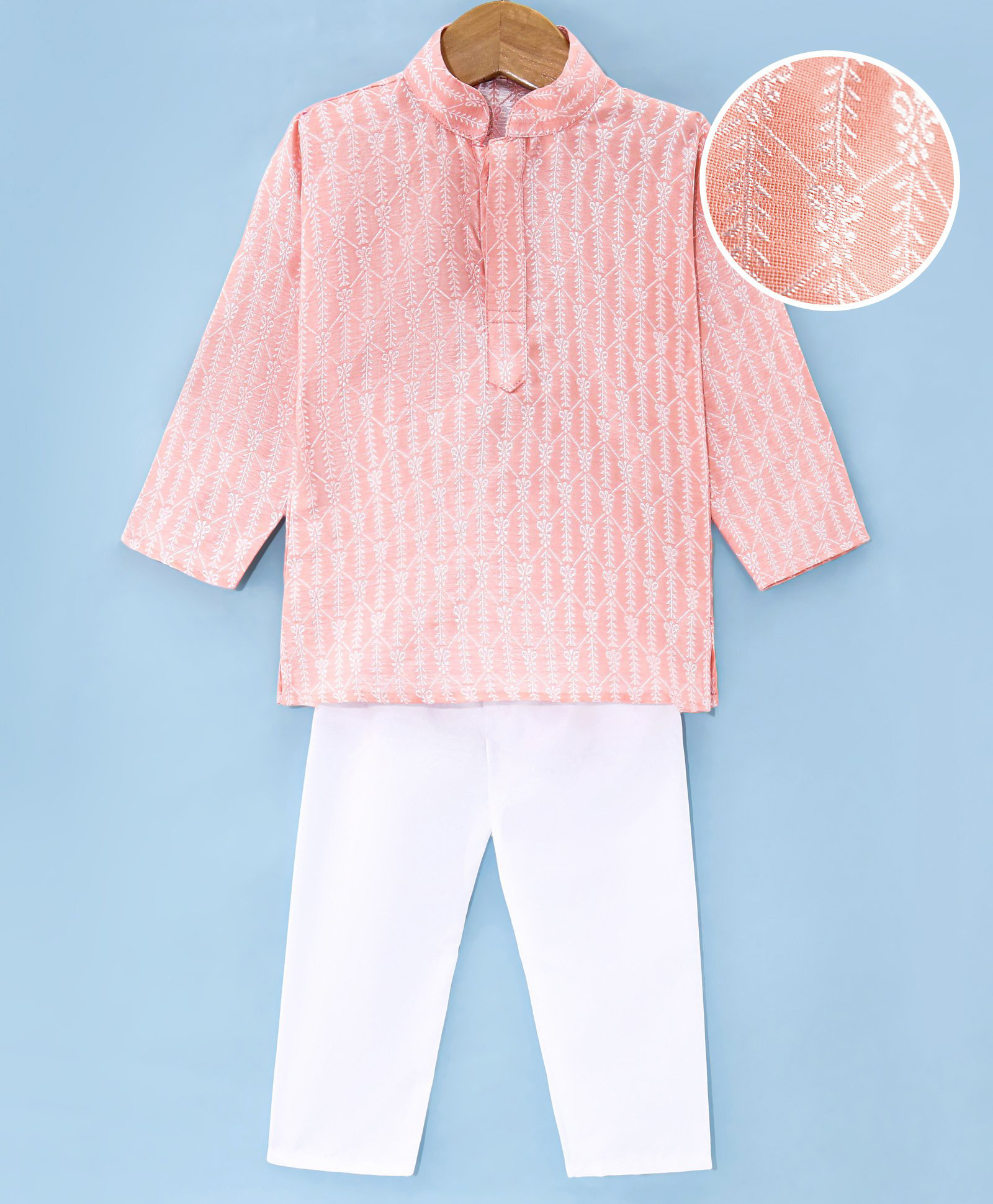 Ridokidz Full Sleeves Ethnic Embroidered Kurta Pyjama Set - Light Pink-picture-25