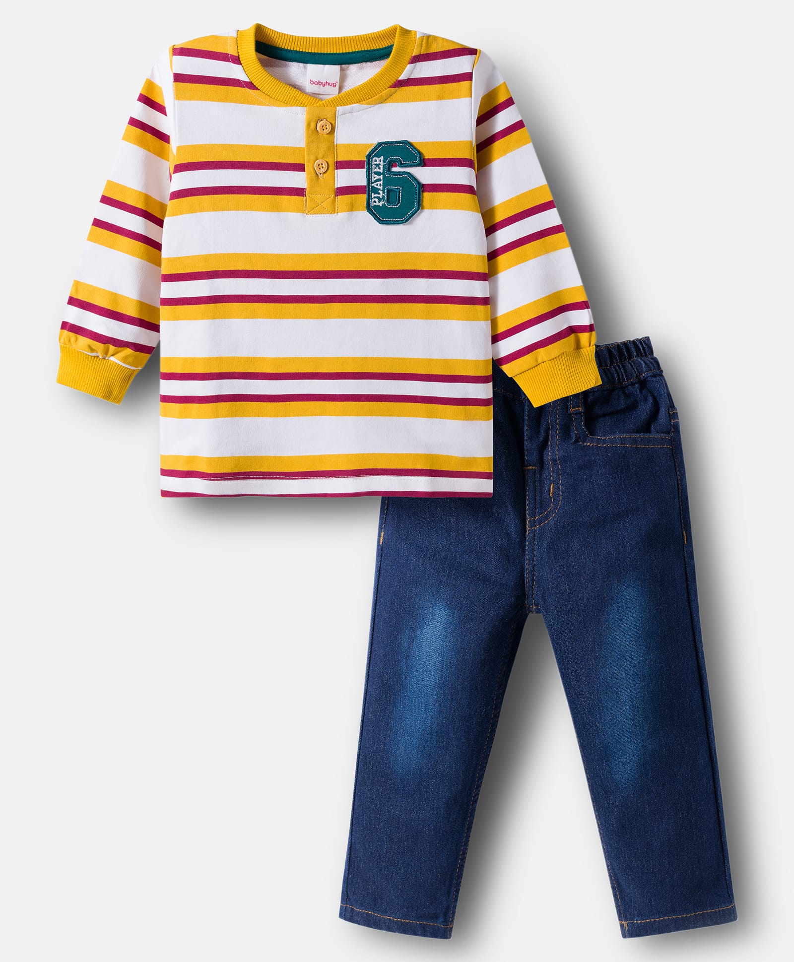 Babyhug Terry Knit Full Sleeves Striped T-Shirt & Denim Jeans Set with Patch Detailing -Blue-image-30