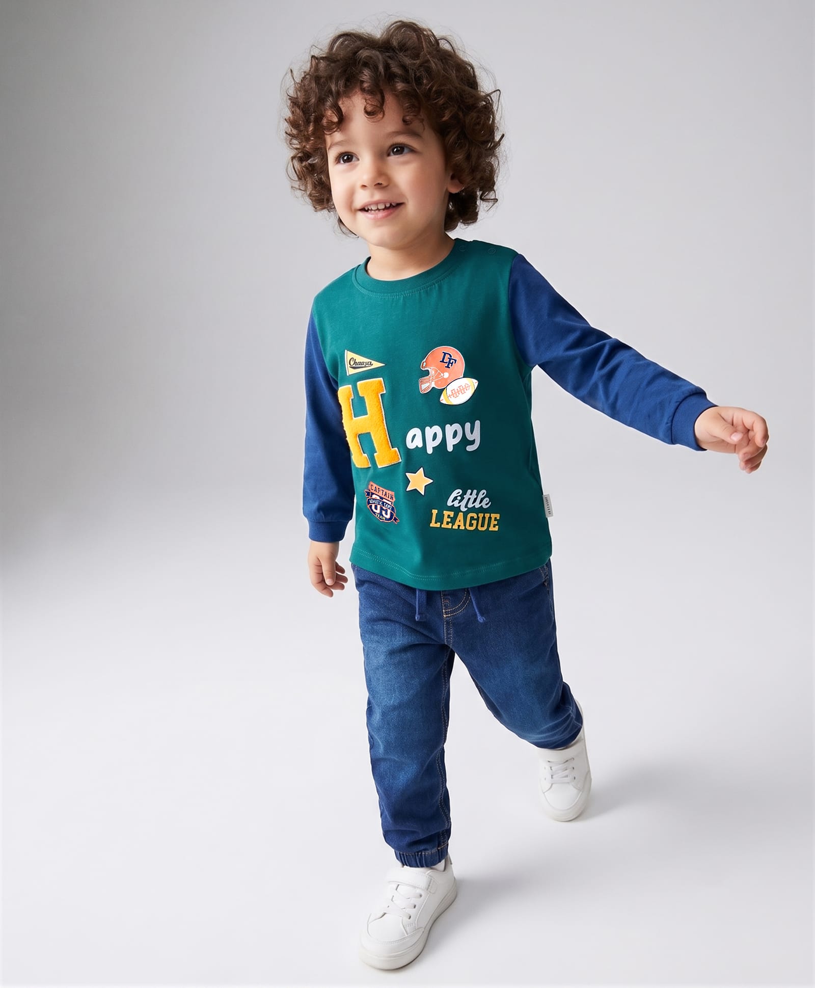Babyhug Single Jersey Knit Full Sleeves T-Shirt & Denim Jeans Set with Sport Theme Print -Blue & Green-picture-30