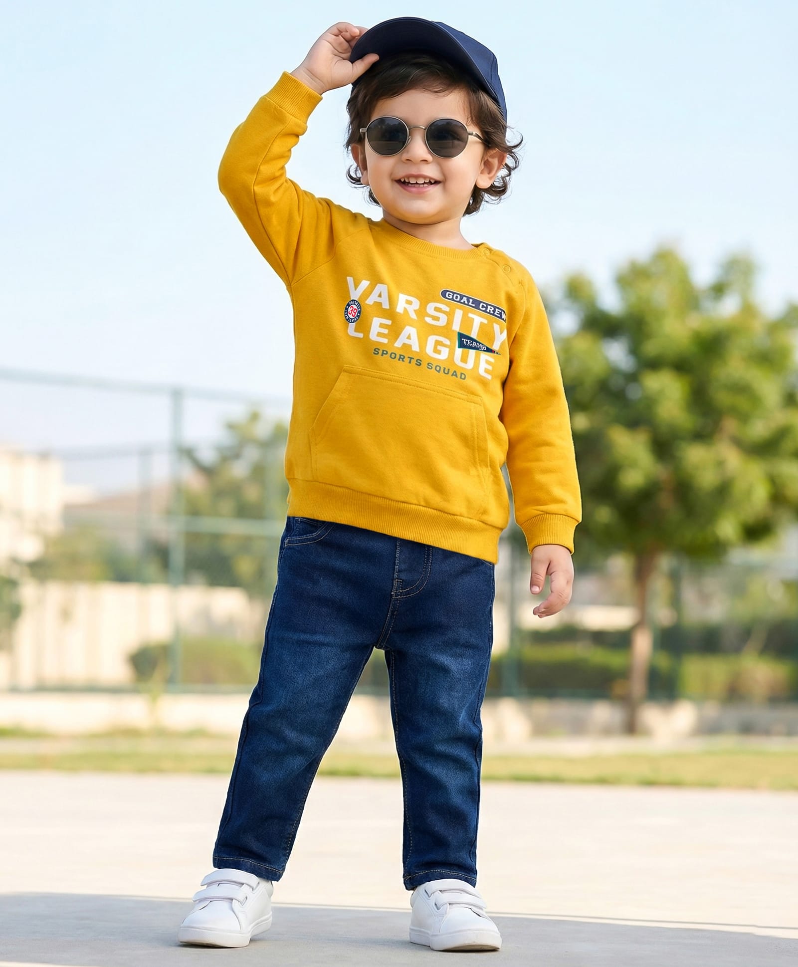 Babyhug Terry Knit Full Raglan Sleeves T-Shirt & Denim Jeans Set With Text Print - Yellow & Blue-picture-25