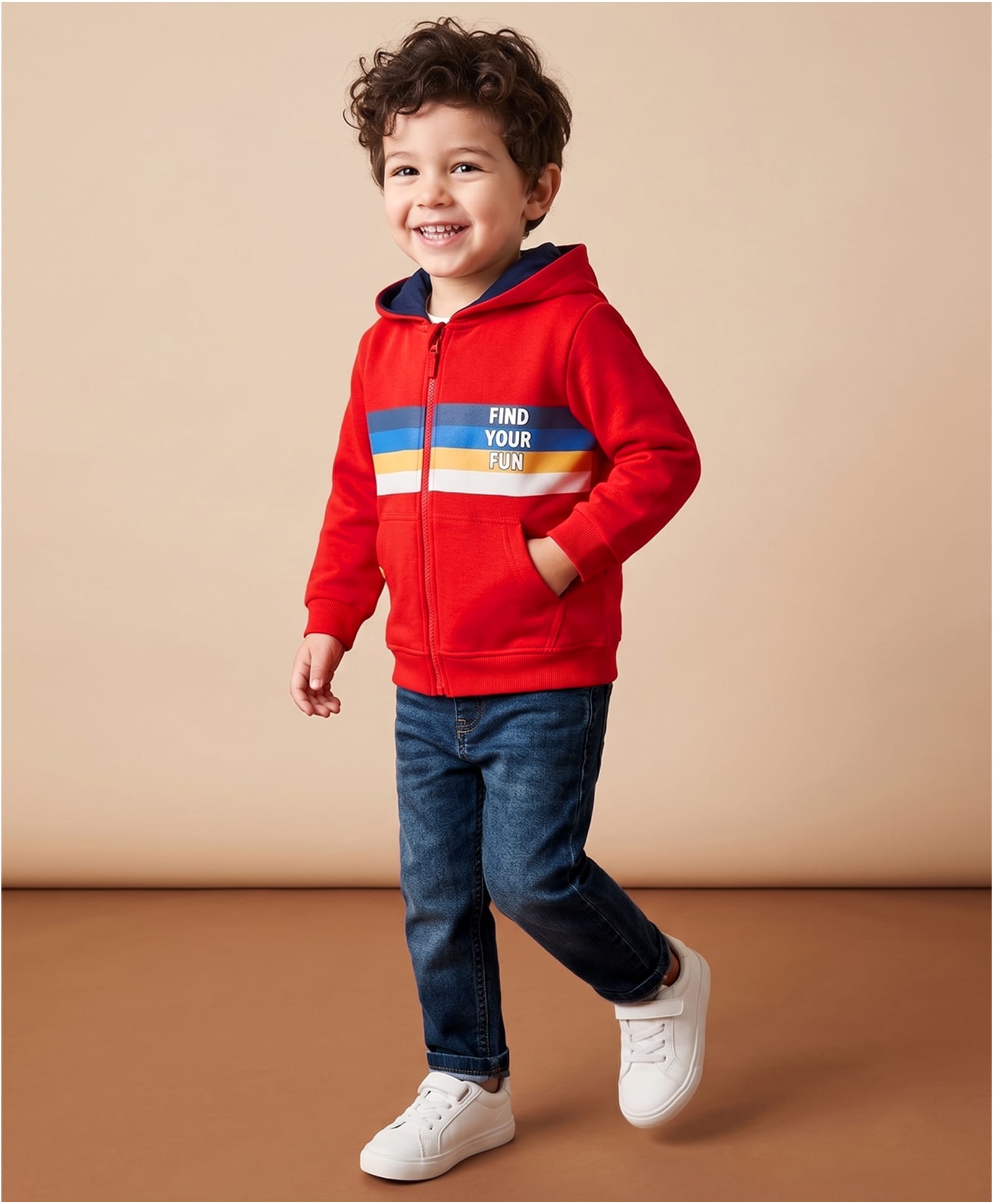 Babyhug Terry Knit Full Sleeves Hooded T-Shirt & Denim Jeans Set with Find Your Fun Print -Blue & Red-picture-25