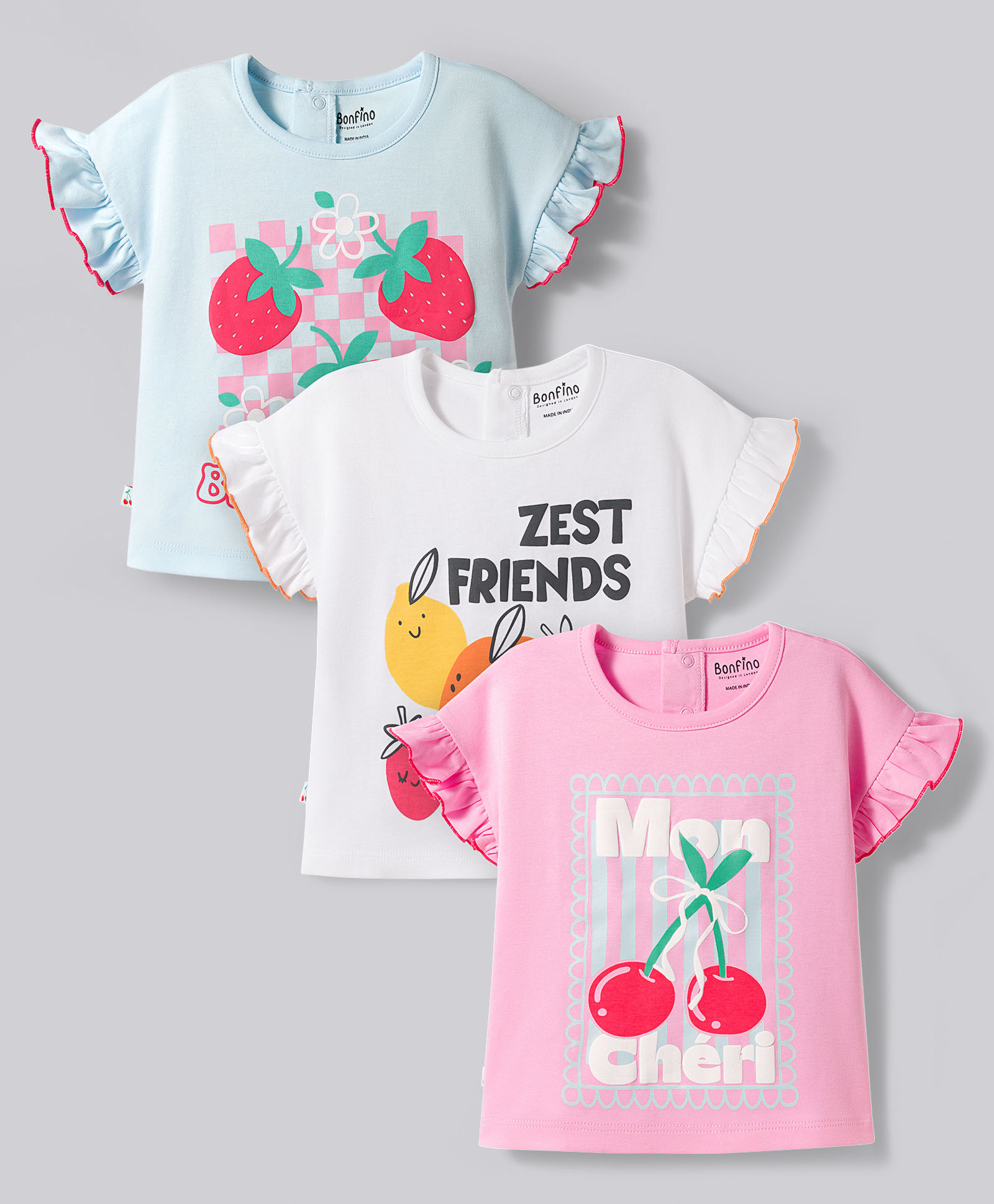Bonfino 100% Cotton Knit Half Flutter Sleeves T-Shirts with Fruit & Text Print Pack of 3 -Pink Blue & White