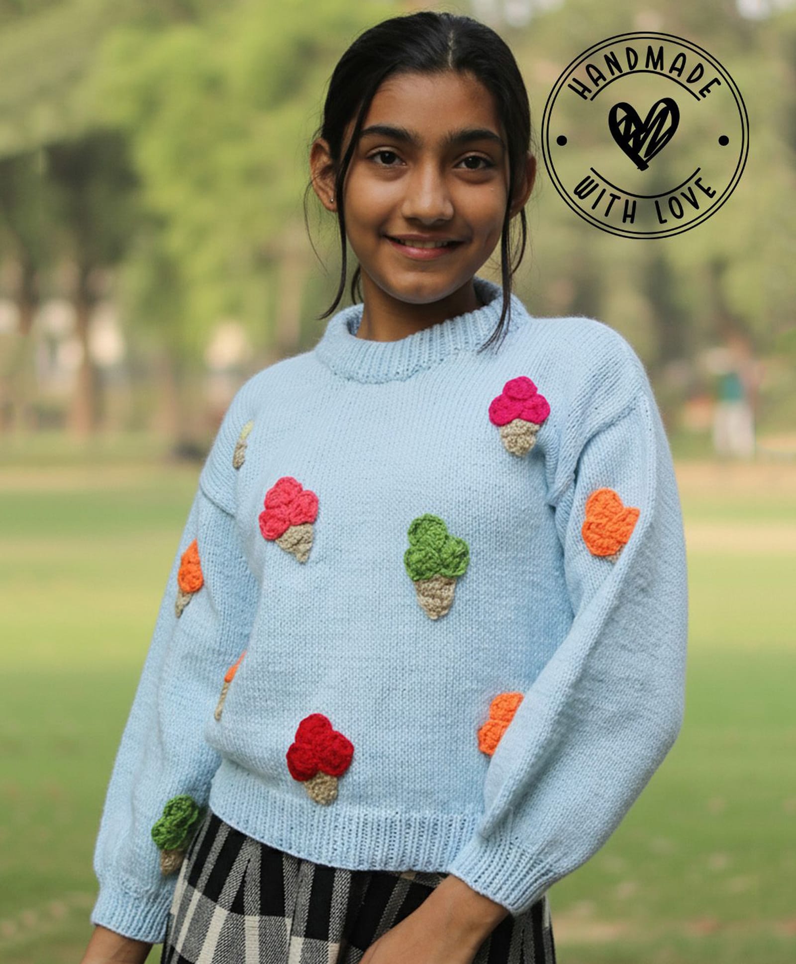 Woonie Hand Knitted Full Sleeves Ice Cream Applique Detailed Sweater - Light Blue-picture-23