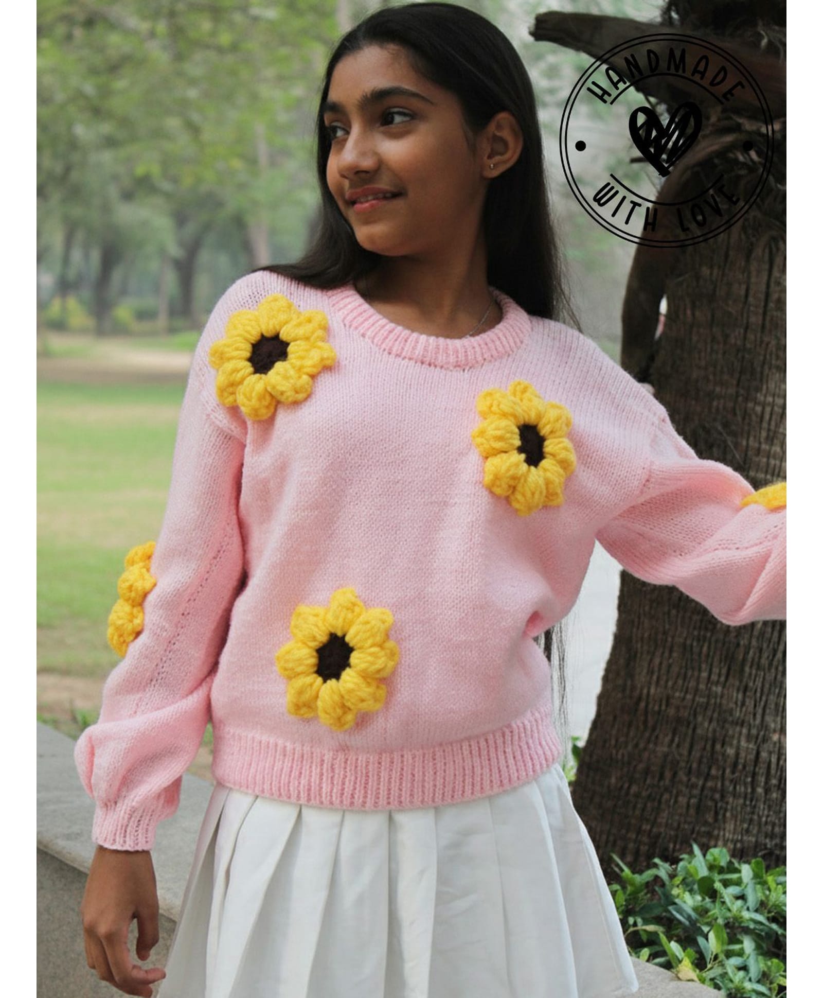 Woonie Hand Knitted Full Sleeves Floral Applique Detailed Sweater - Pink-picture-12