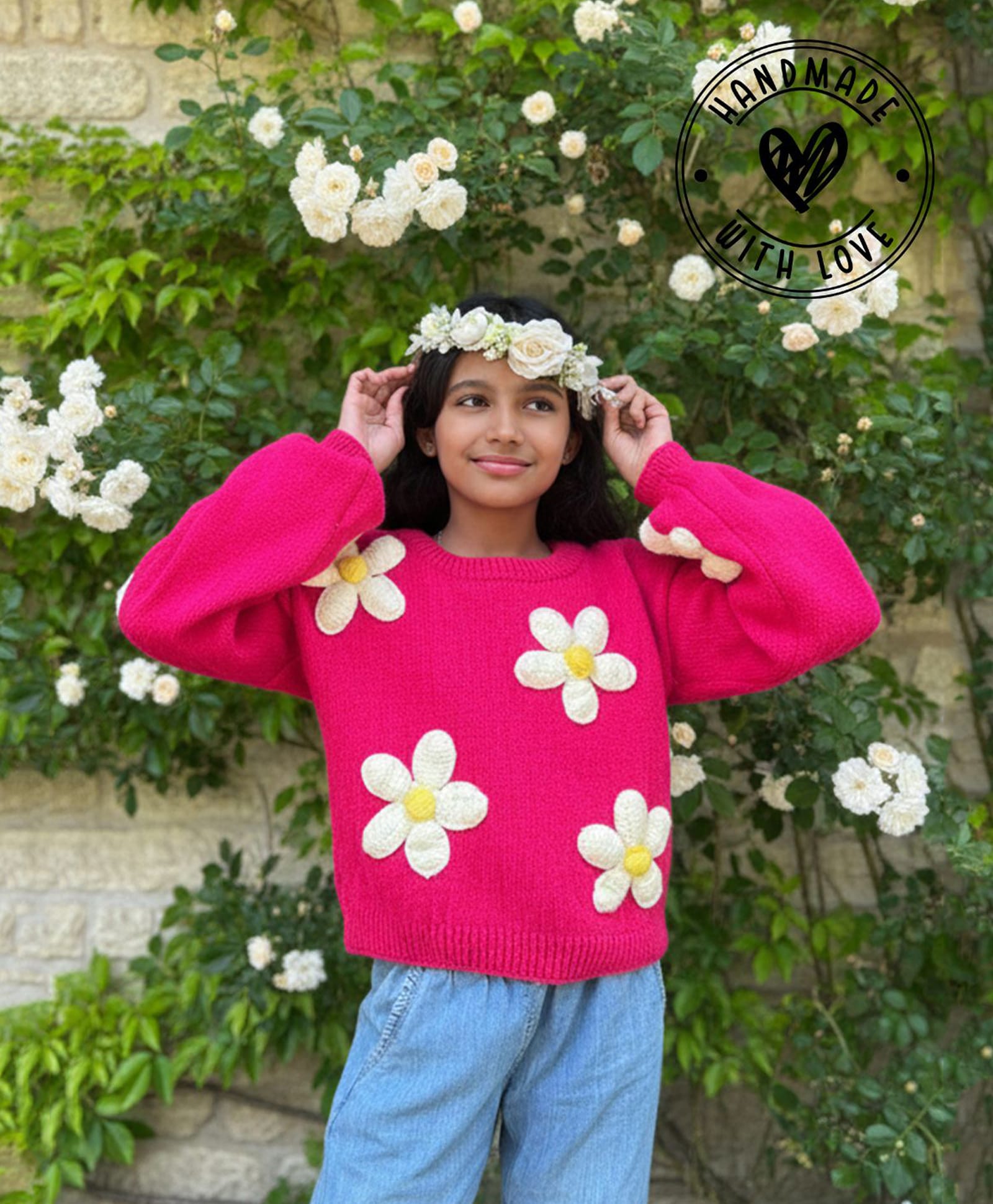 Woonie Handknitted Full Sleeves Floral Applique Detailed Sweater - Pink-picture-27