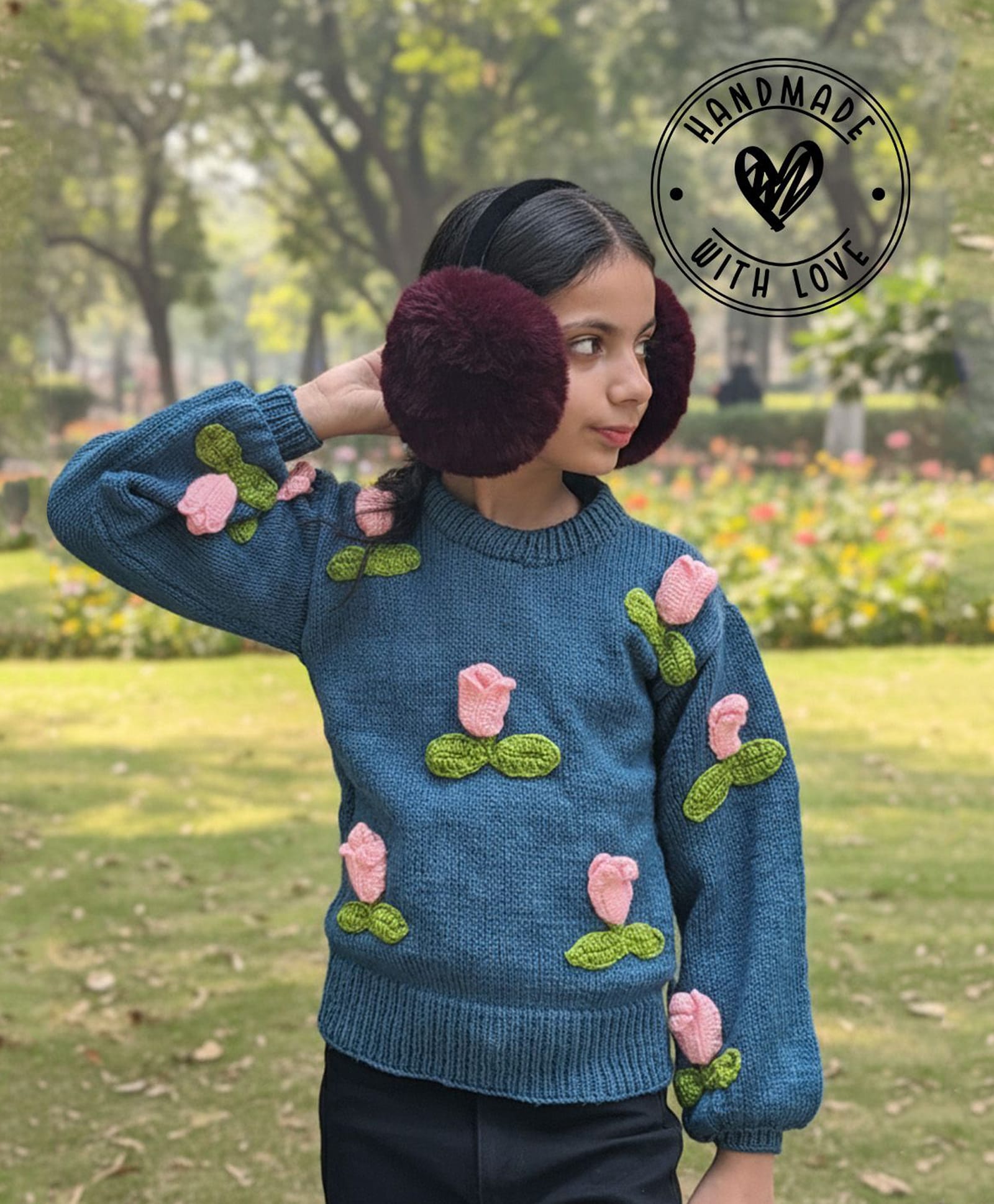 Woonie Handknitted Full Sleeves Floral Applique Detailed Sweater - Blue-picture-17
