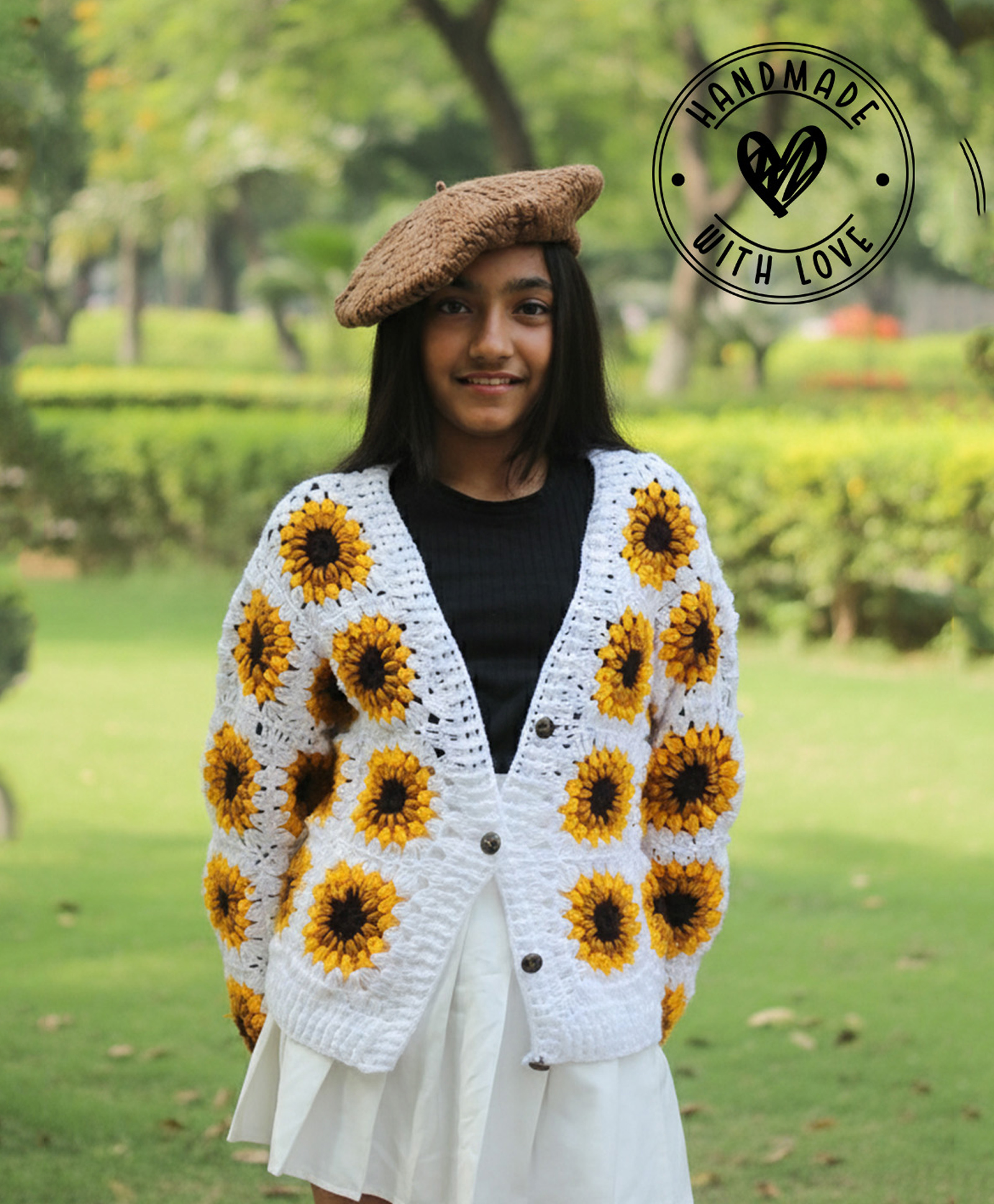 Woonie Handknitted Full Sleeves Sunflower Designed Cardigan - White-image-3