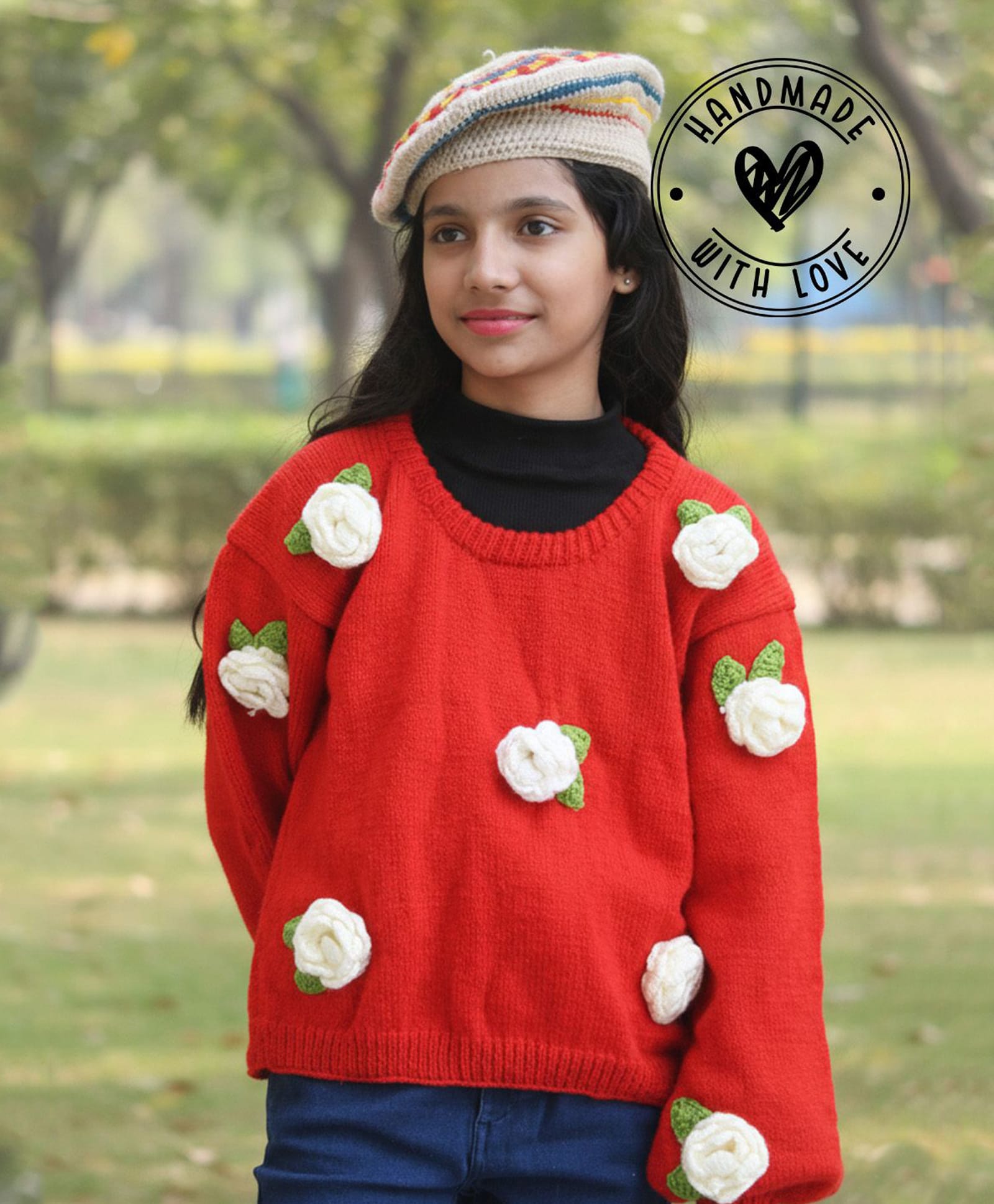 Woonie Handknitted Full Sleeves Rose Applique Detailed Sweater - Red-picture-18