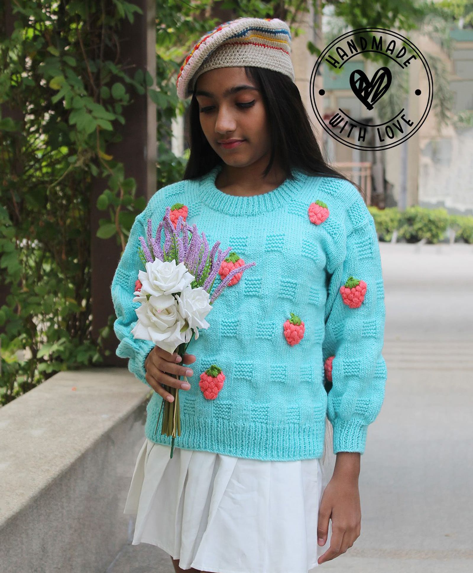 Woonie Handknitted Full Sleeves Strawberry Applique Detailed Sweater - Sky Blue-picture-24