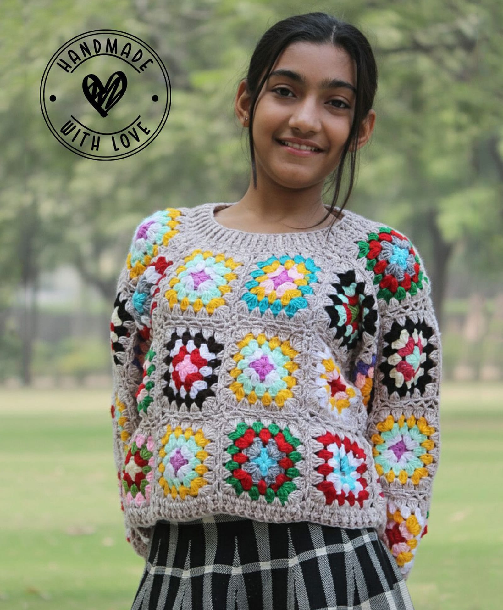 Woonie Handknitted Full Sleeves Granny Square Detailed Sweater - Beige-picture-14