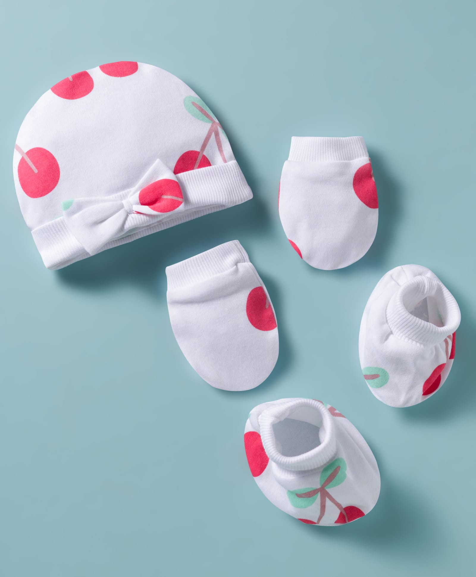 Bonfino 100% Cotton Knit Cap Mittens & Booties Set with Bow Applique & Cherry Print White - Diameter 11.5 cm-picture-45