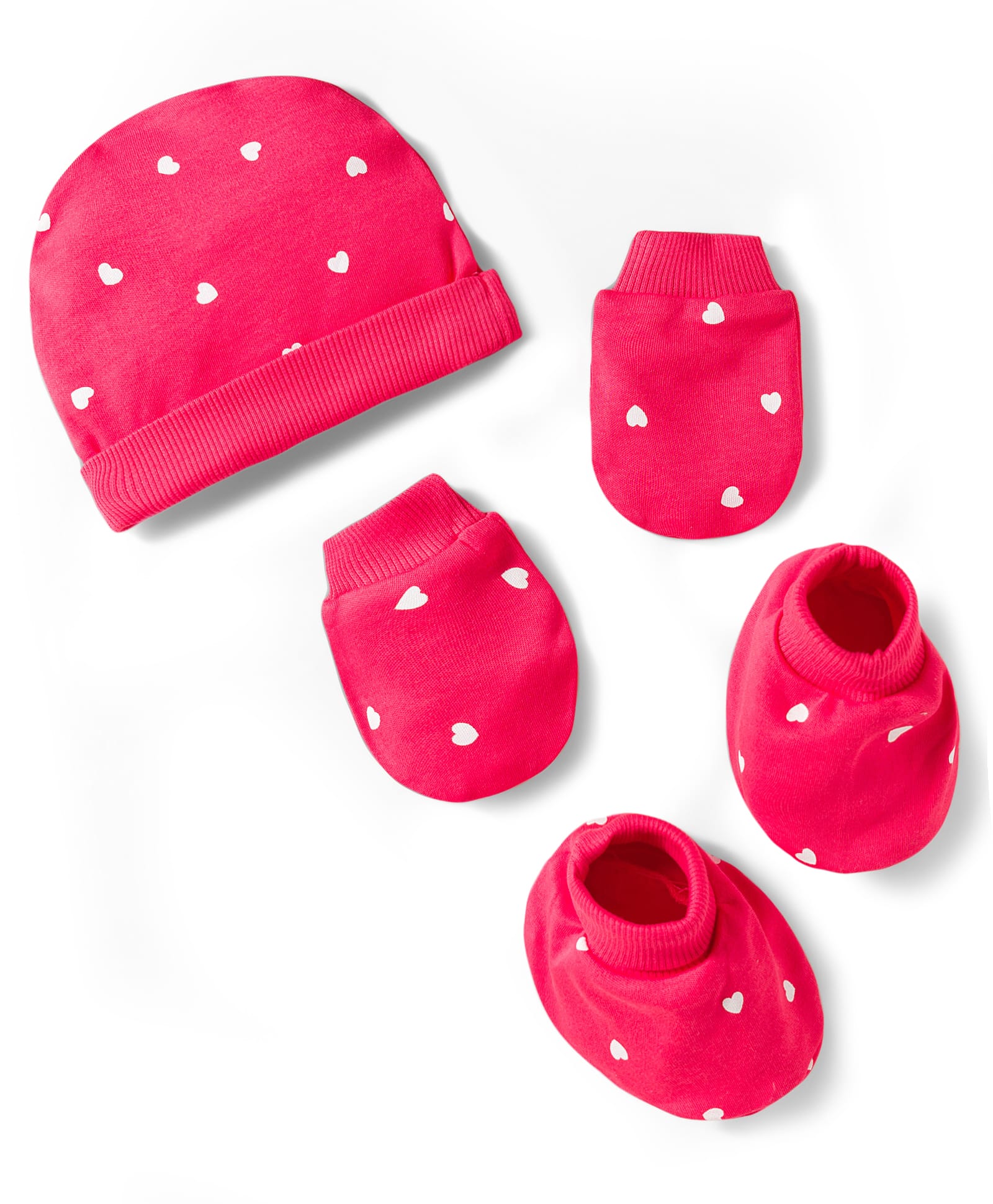 Bonfino 100% Cotton Knit Cap Mittens & Booties With Heart Print Dark Pink - Diameter 10 cm-image-20