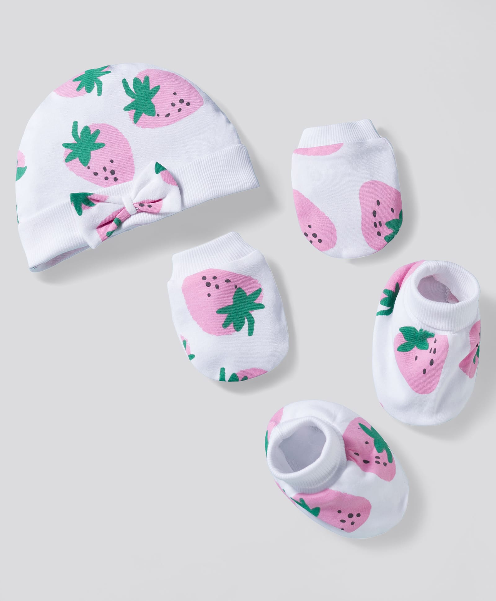 Bonfino 100% Cotton Knit Strawberry Printed Cap Mittens & Booties Set White - Diameter 11.5 cm-image-17