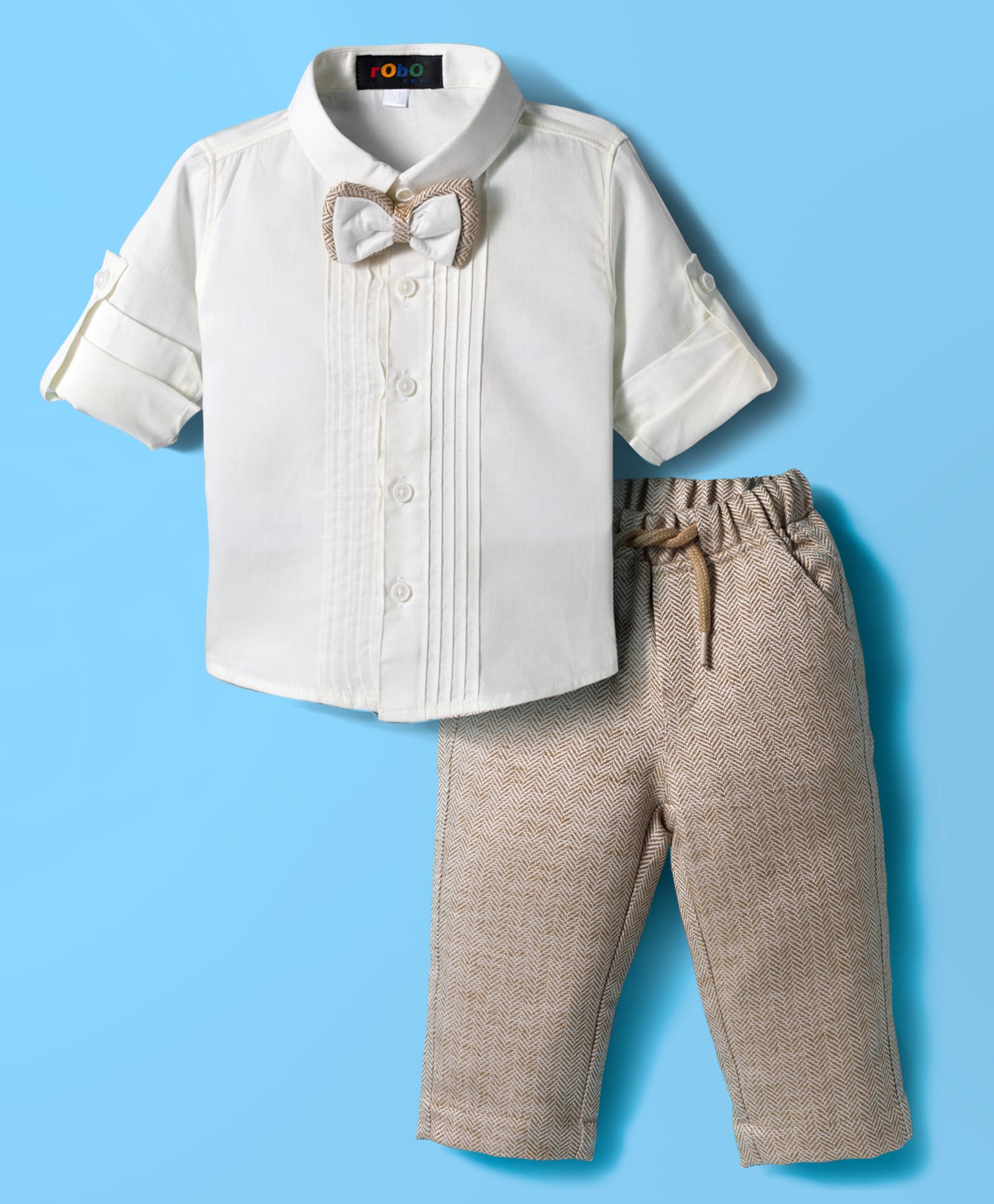 Robo Fry Cotton Woven Full Sleeves Pintuck Party Shirt & Pant Set with Bow & Hat - Cream-picture-38