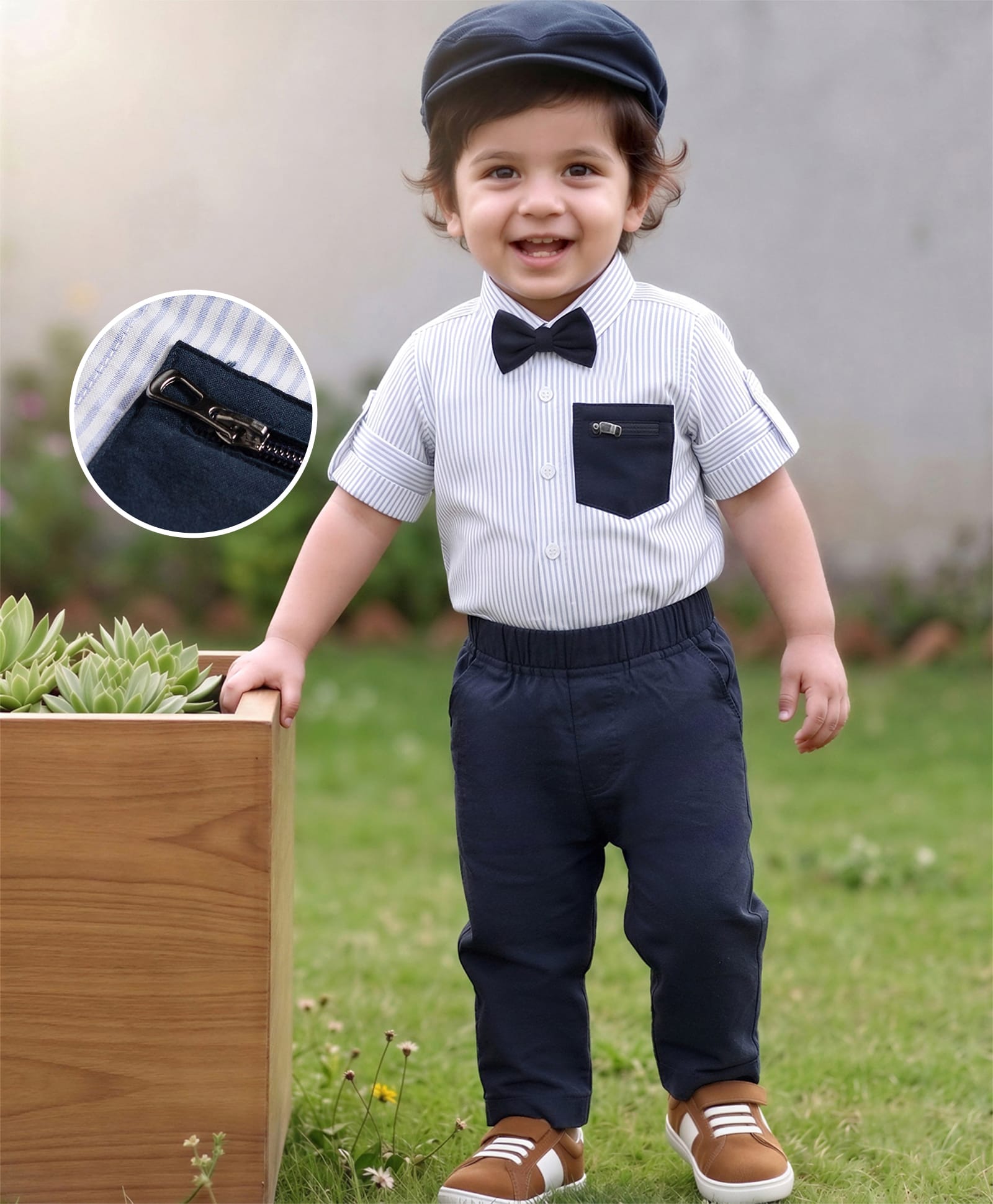 Robo Fry Cotton Woven Full Sleeves Striped Party Shirt & Trouser Set With Bow & Cap - Navy Blue & White-picture-21