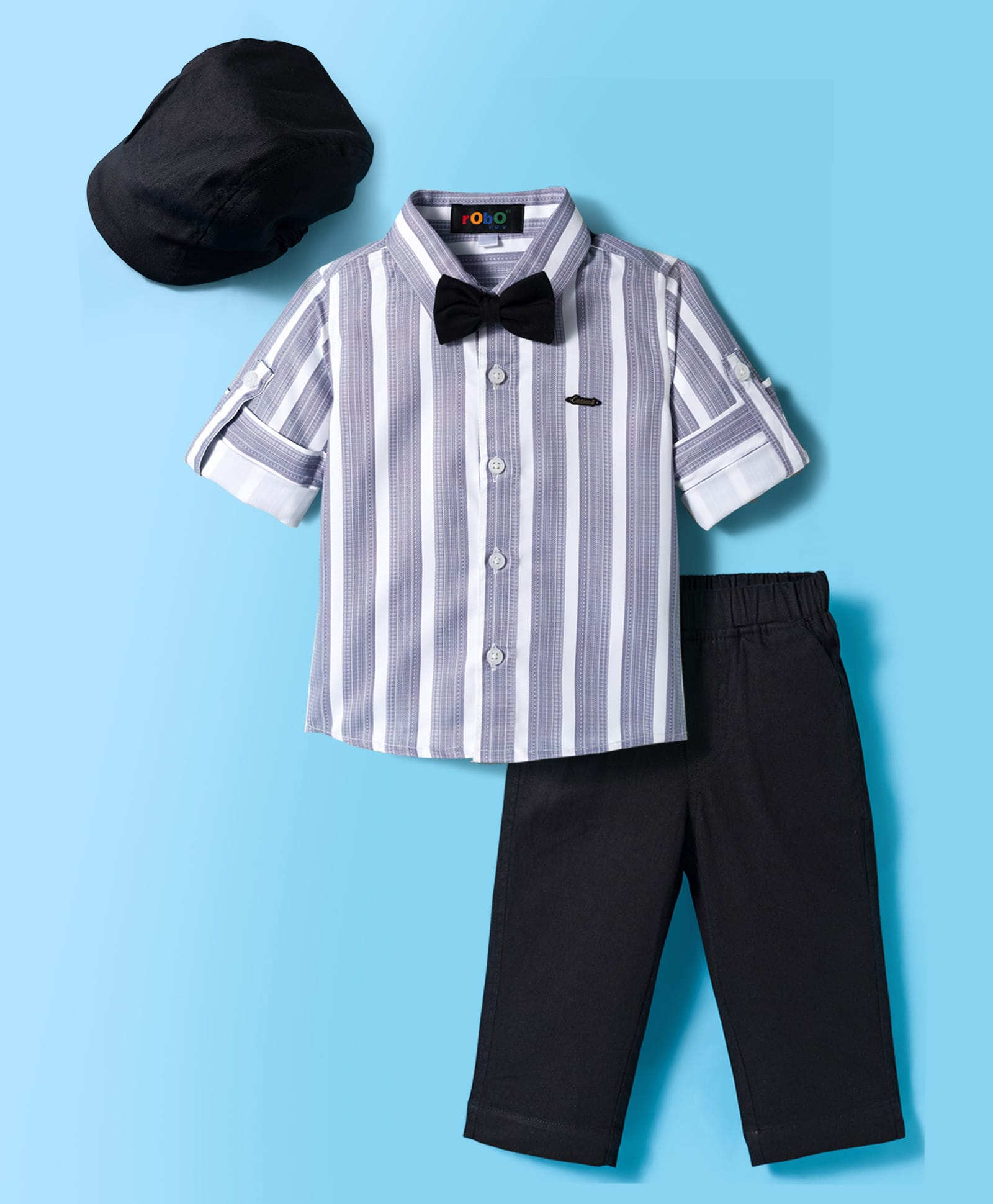 Robo Fry Cotton Woven Full Sleeves Striped Party Shirt & Pant Set with Bow & Hat - Grey-picture-20