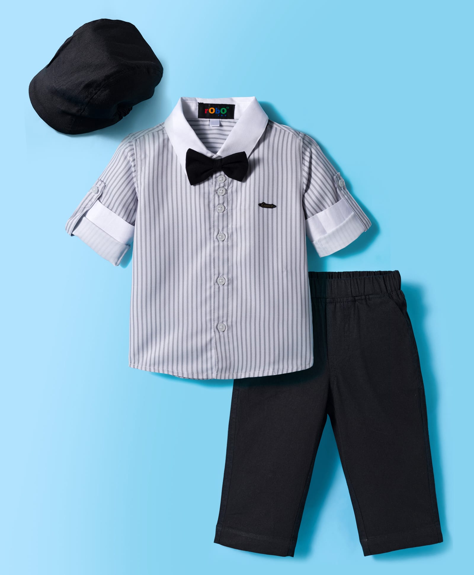 Robo Fry Cotton Woven Full Sleeves Striped Party Shirt & Pant Set with Bow & Hat - White & Black-picture-26