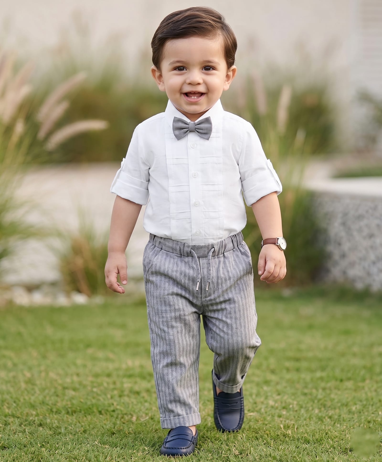 Robo Fry Cotton Woven Full Sleeves Solid Party Shirt & Trouser Set With Bow & Cap - White & Grey-picture-19