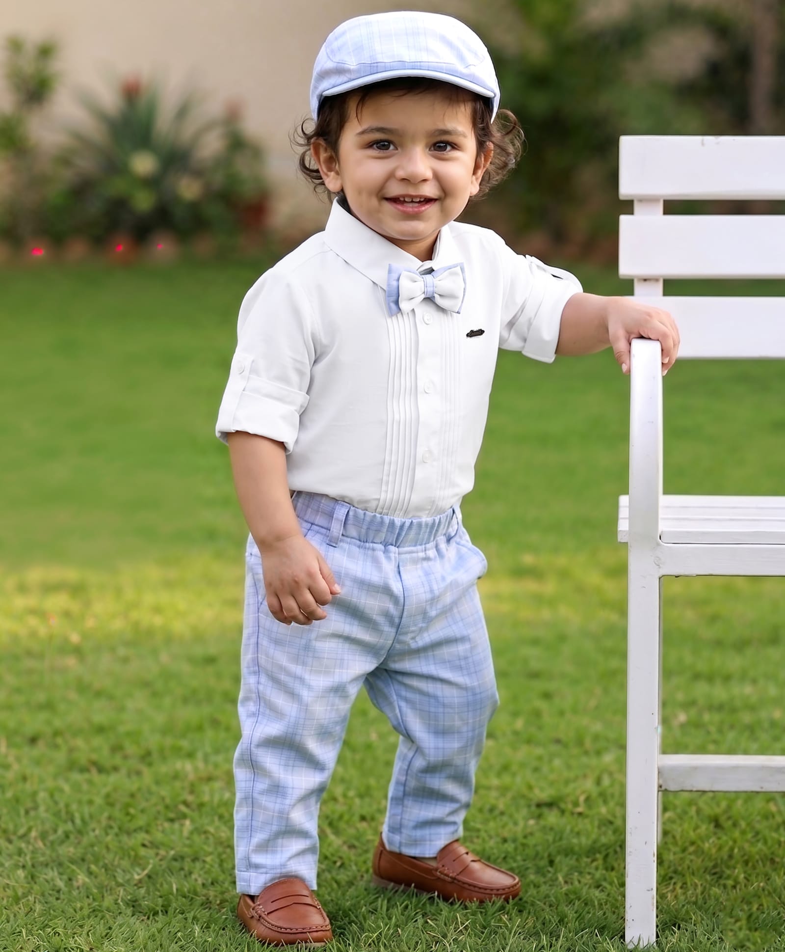 Robo Fry Cotton Woven Full Sleeves Checkered Party Shirt & Pant Set with Bow & Cap - White-picture-17