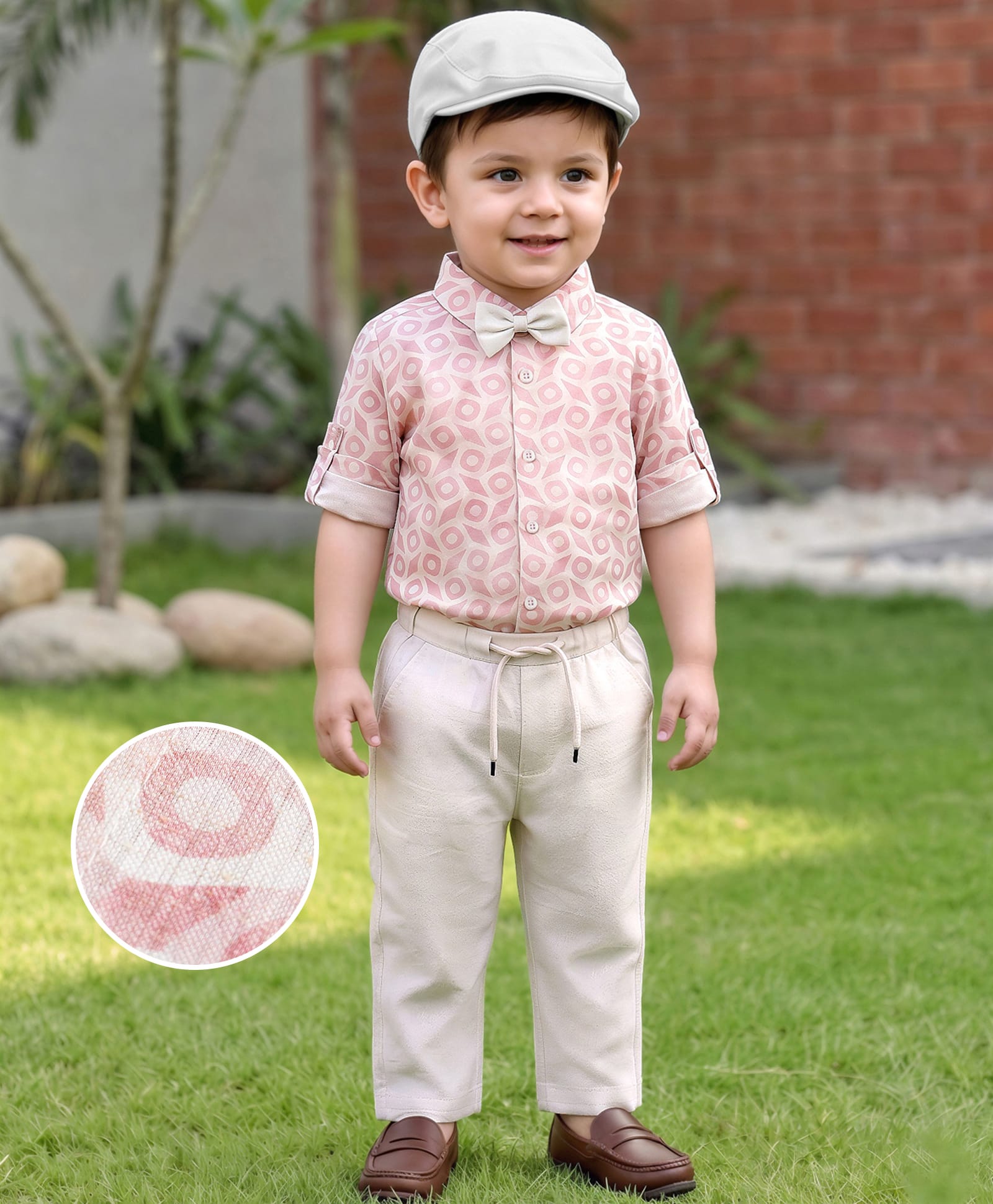 Robo Fry Cotton Woven Full Sleeves Printed Party Shirt & Trouser Set With Bow & Cap - Peach & White-picture-25