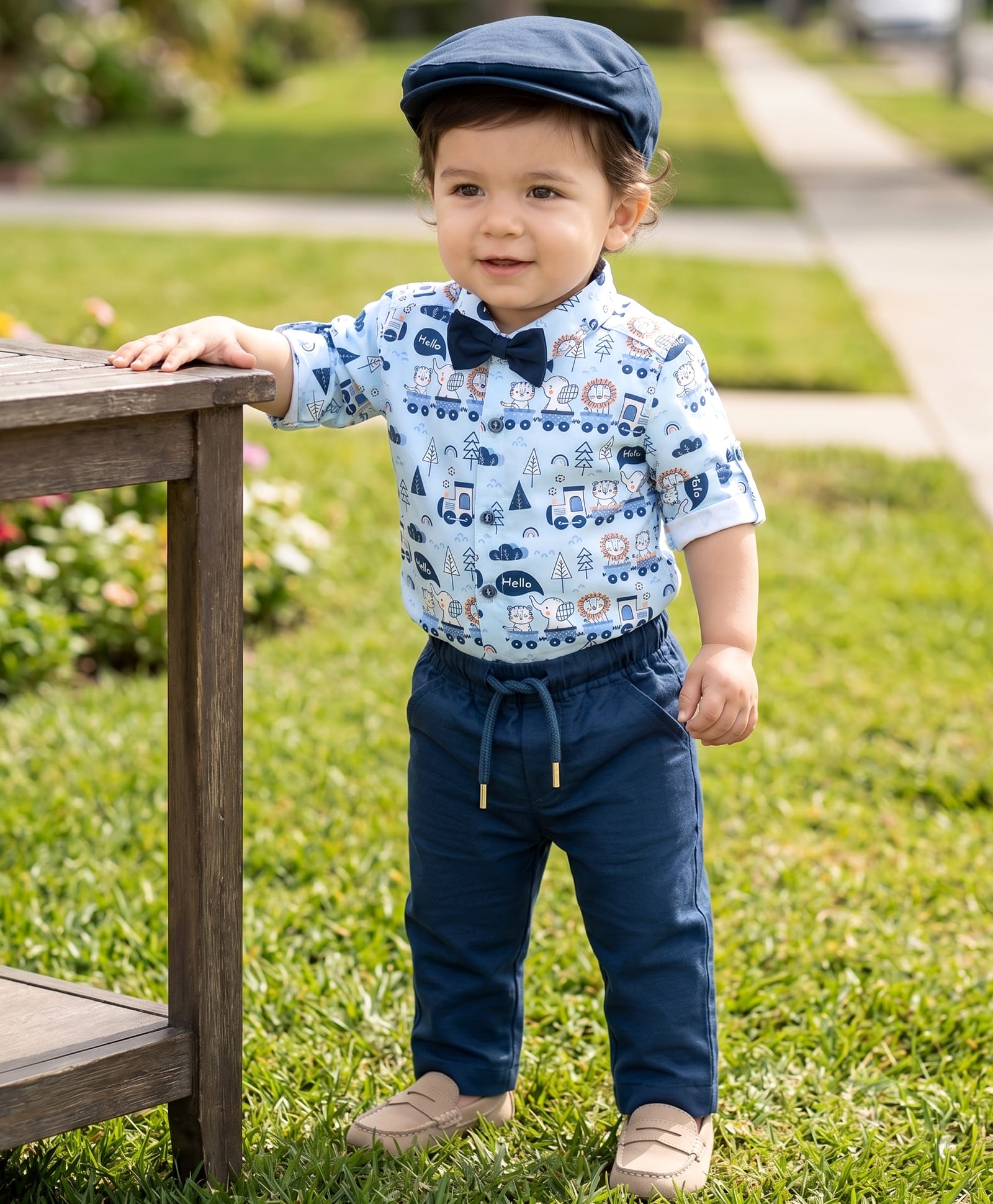 Robo Fry Cotton Woven Full Sleeves Animal Printed Party Shirt & Pant Set with Bow & Hat - Navy Blue-image-41