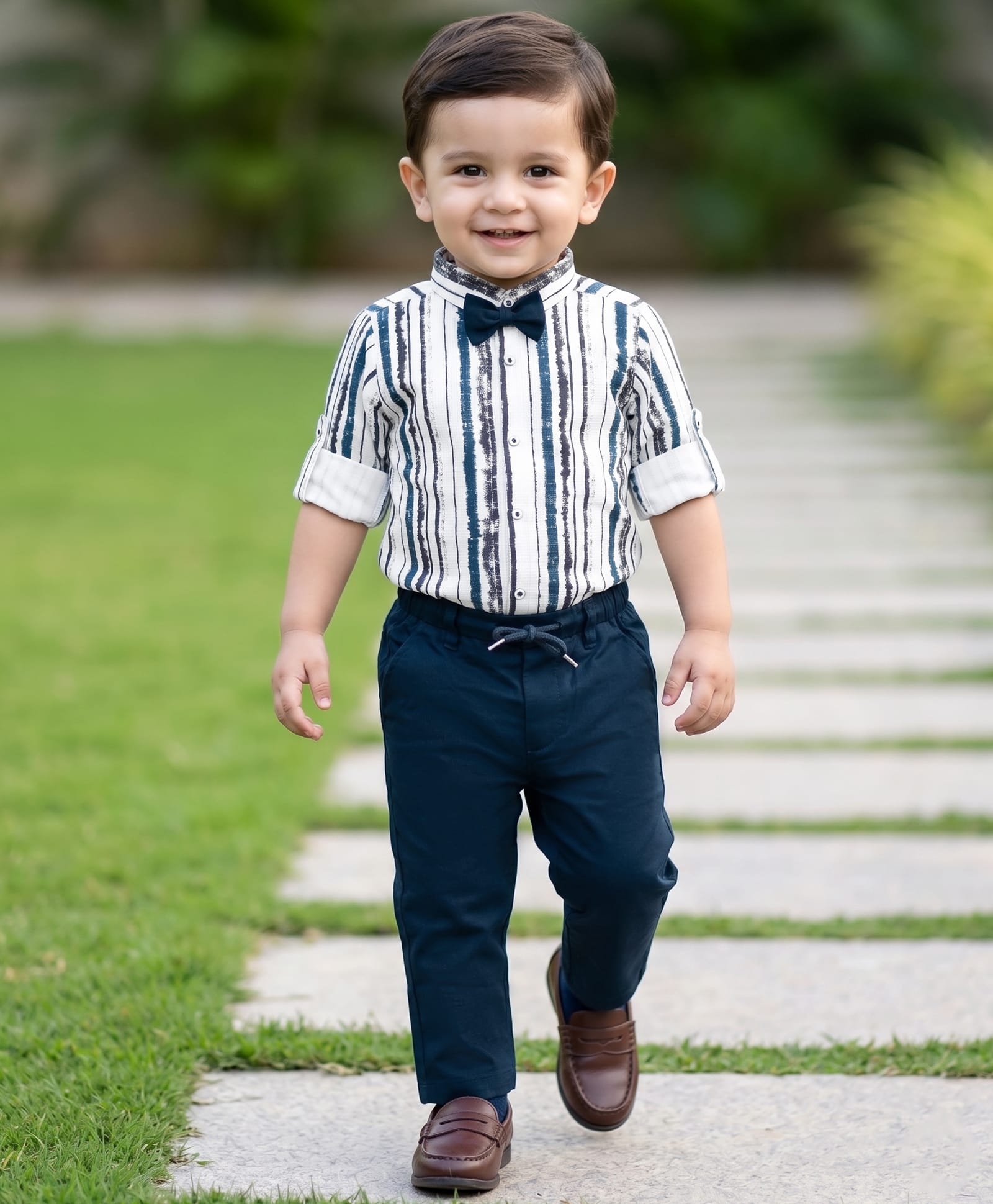 Robo Fry Cotton Woven Full Sleeves Striped Party Shirt & Trouser Set With Bow - Black-picture-15