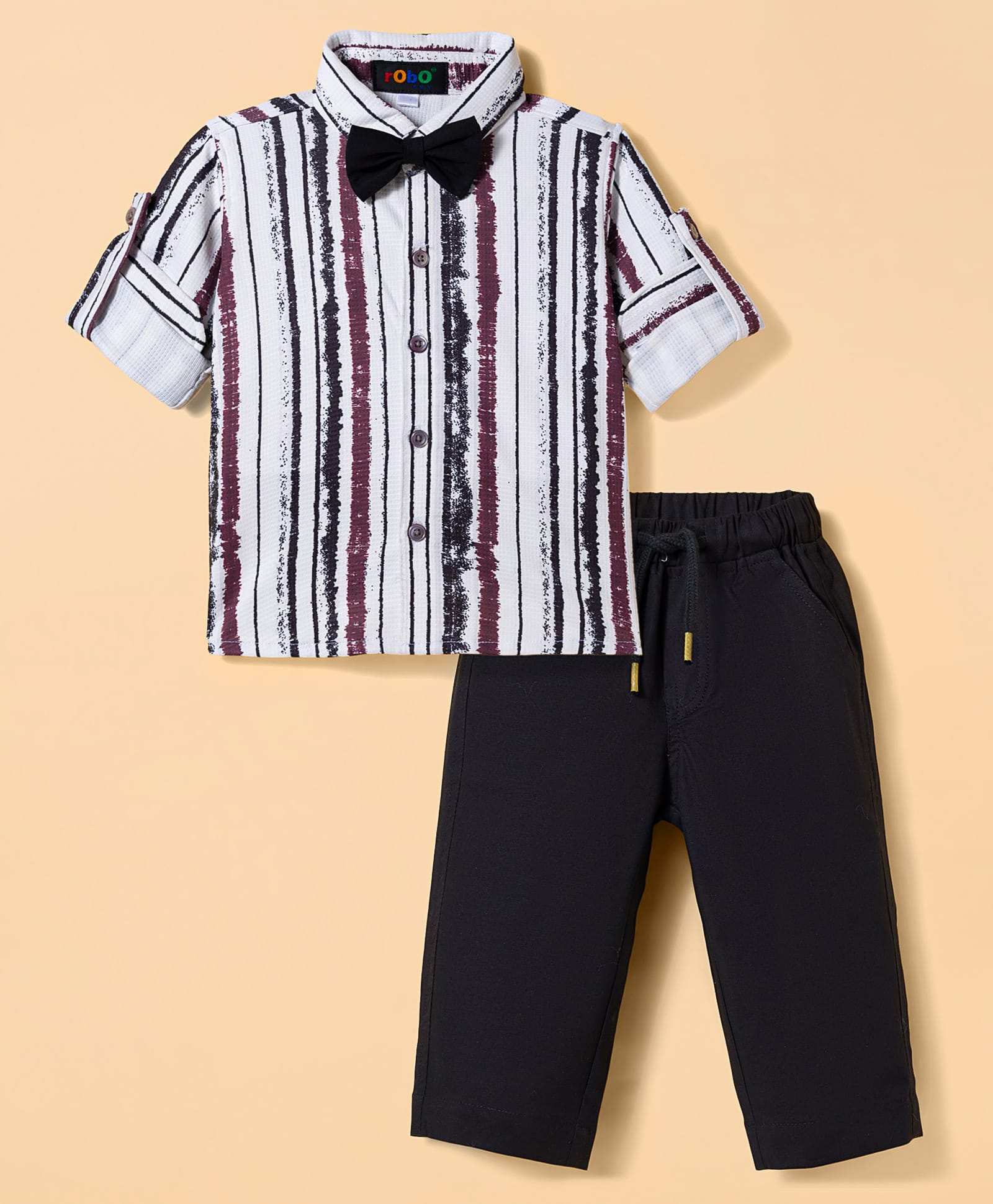 Robo Fry Cotton Woven Full Sleeves Striped Party Shirt & Trouser Set With Bow - Black-picture-4