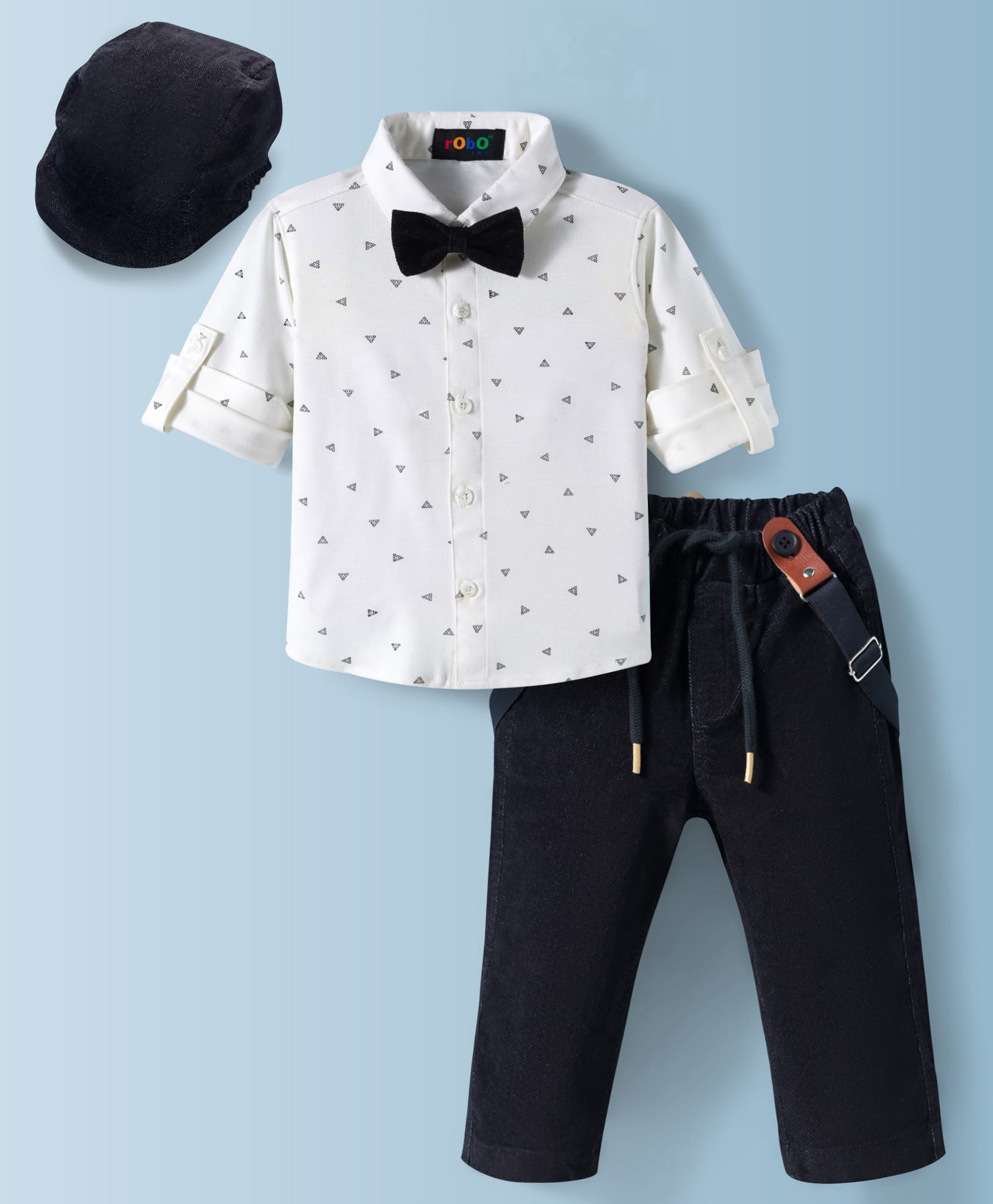 Robo Fry Cotton Woven Full Sleeves Printed Shirt & Pant With Cap Suspender & Bow - White & Black-image-46