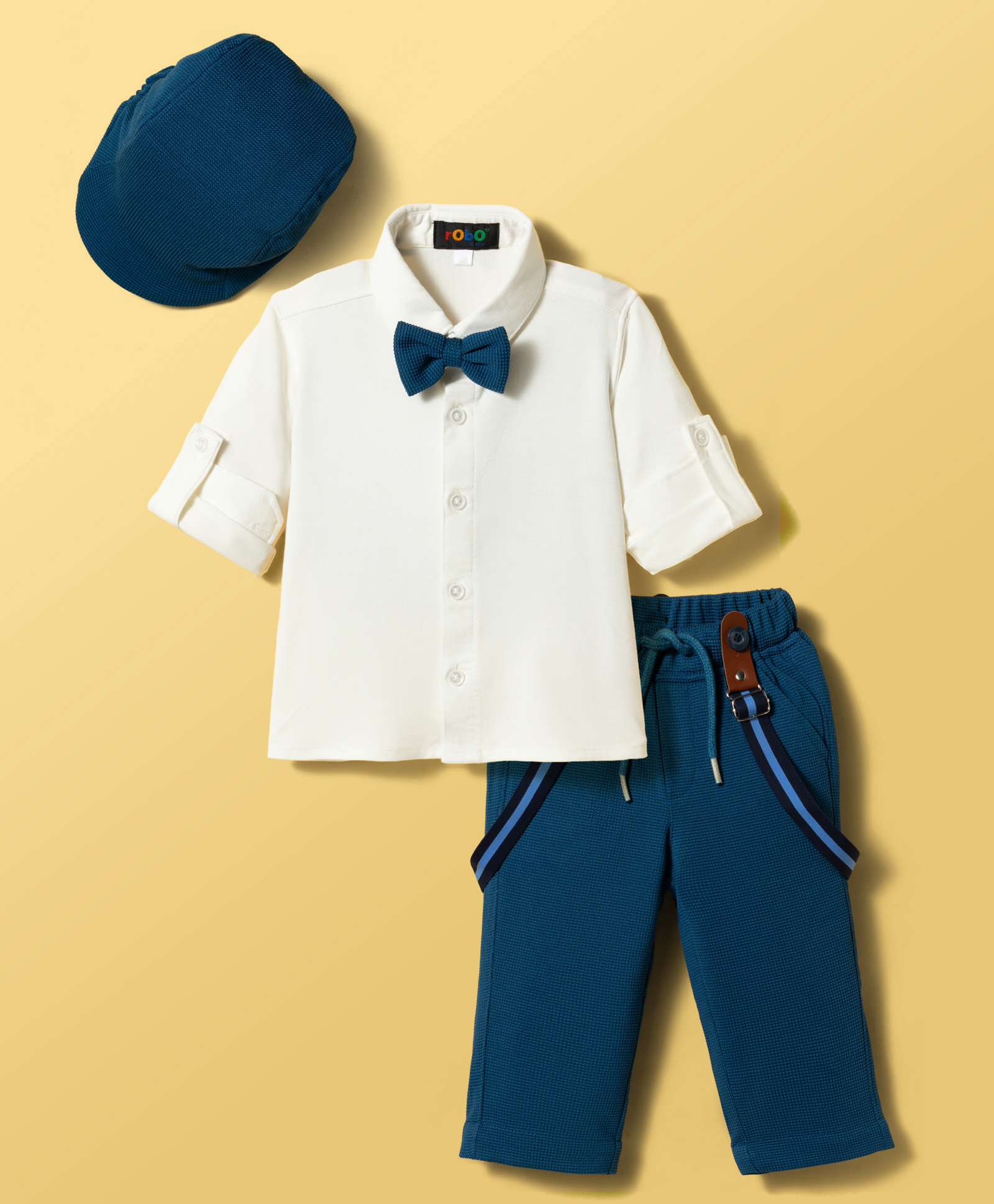 Robo Fry Cotton Woven Full Sleeves Solid Party Shirt & Trouser Set With Bow Cap & Suspender - White-picture-13