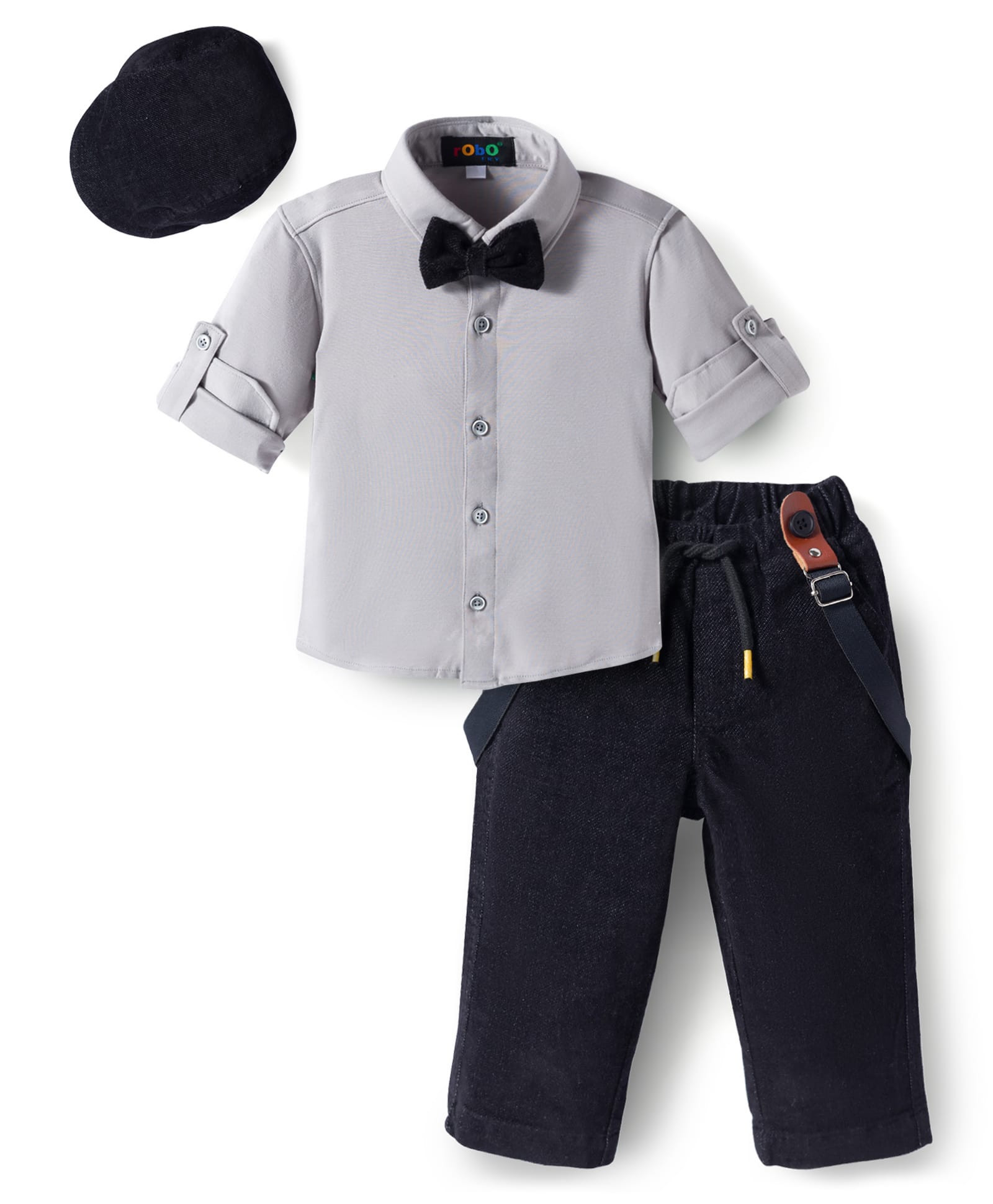 Robo Fry Cotton Woven Full Sleeves Solid Party Shirt & Trouser With Bow Cap & Suspender - Grey-picture-14