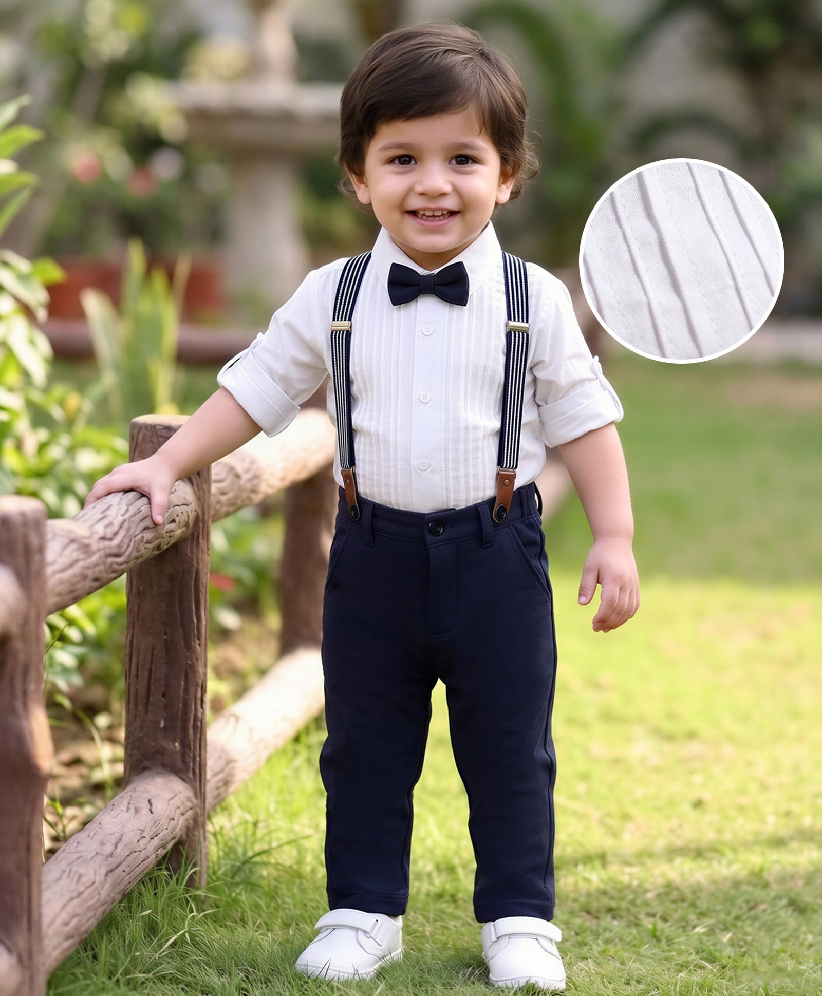 Robo Fry Cotton Woven Full Sleeves Printed Shirt & Pant Set with Bow & Suspender - White & Olive Green-picture-33