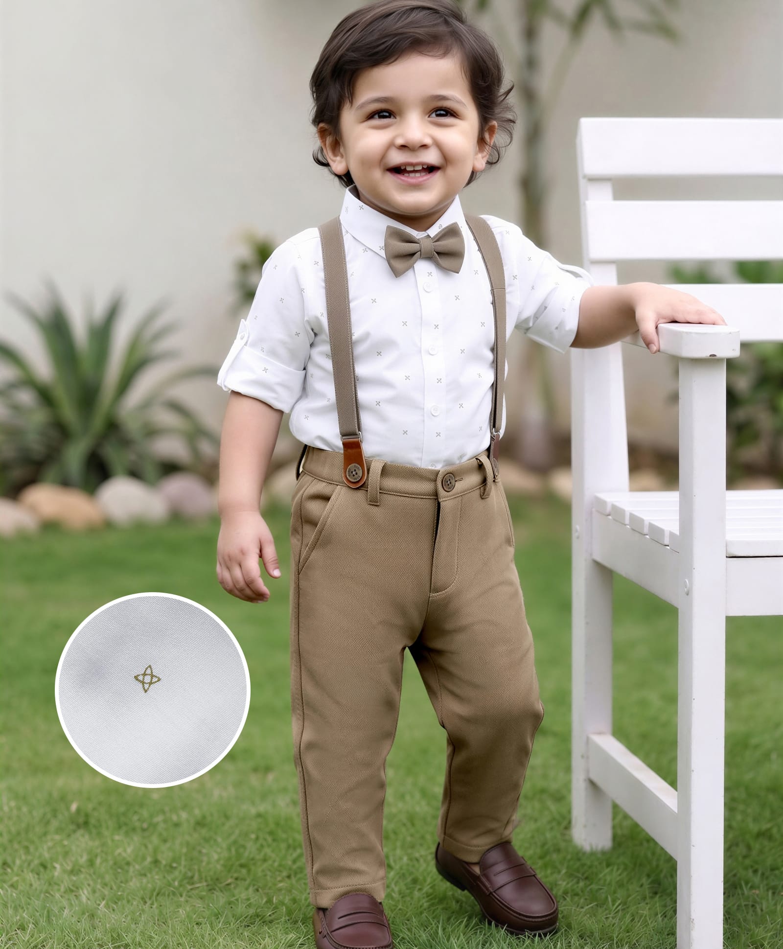 Robo Fry Cotton Woven Full Sleeves Printed Party Shirt & Trouser Set With Bow & Suspender - White-image-27