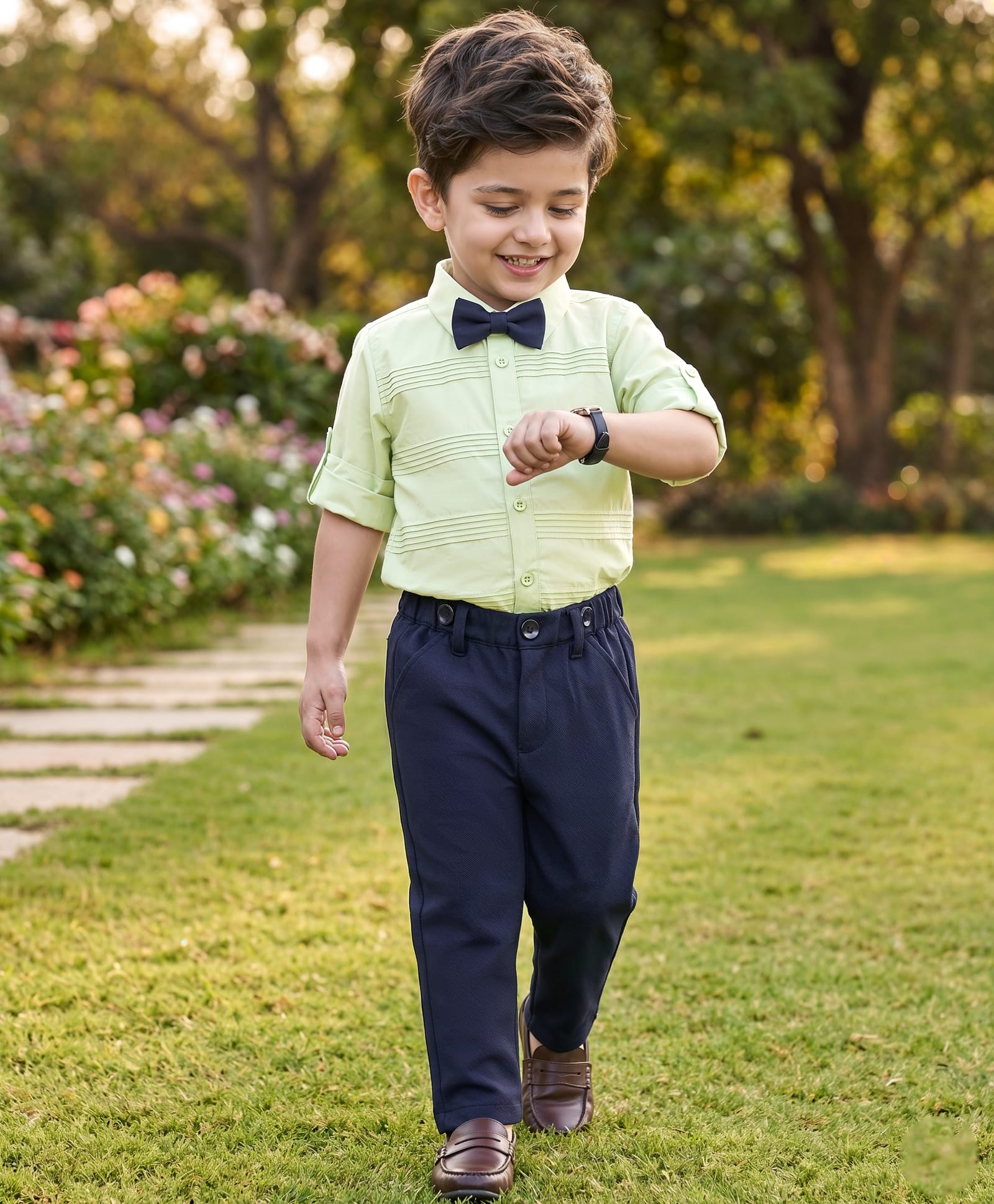 Robo Fry Cotton Woven Full Sleeves Shirt & Pant Set With Bow - Sea Green-image-13