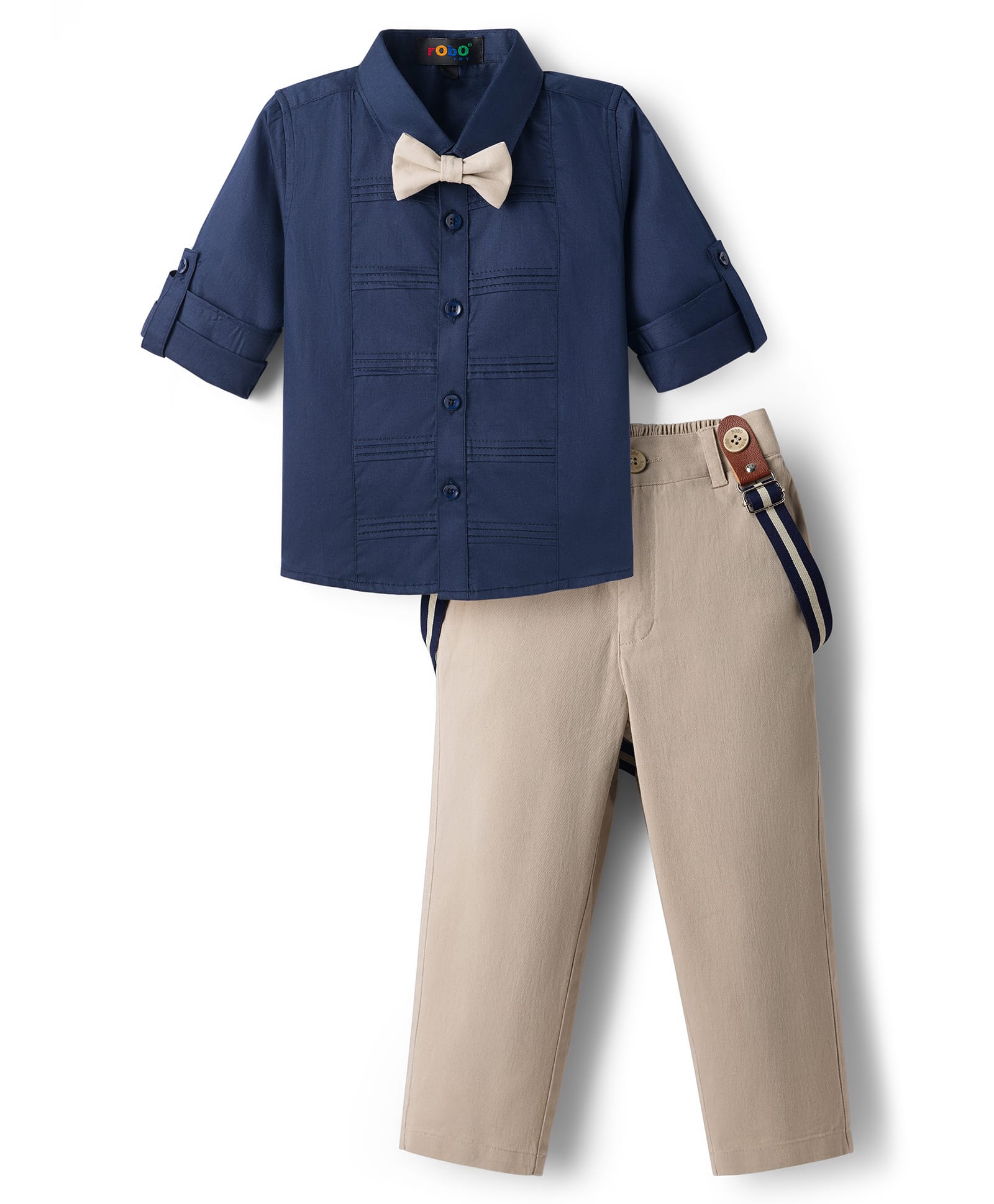 Robo Fry Cotton Woven Full Sleeves Solid Colour Party Shirt & Trouser Set with Bow & Suspender - Royal Blue-picture-5