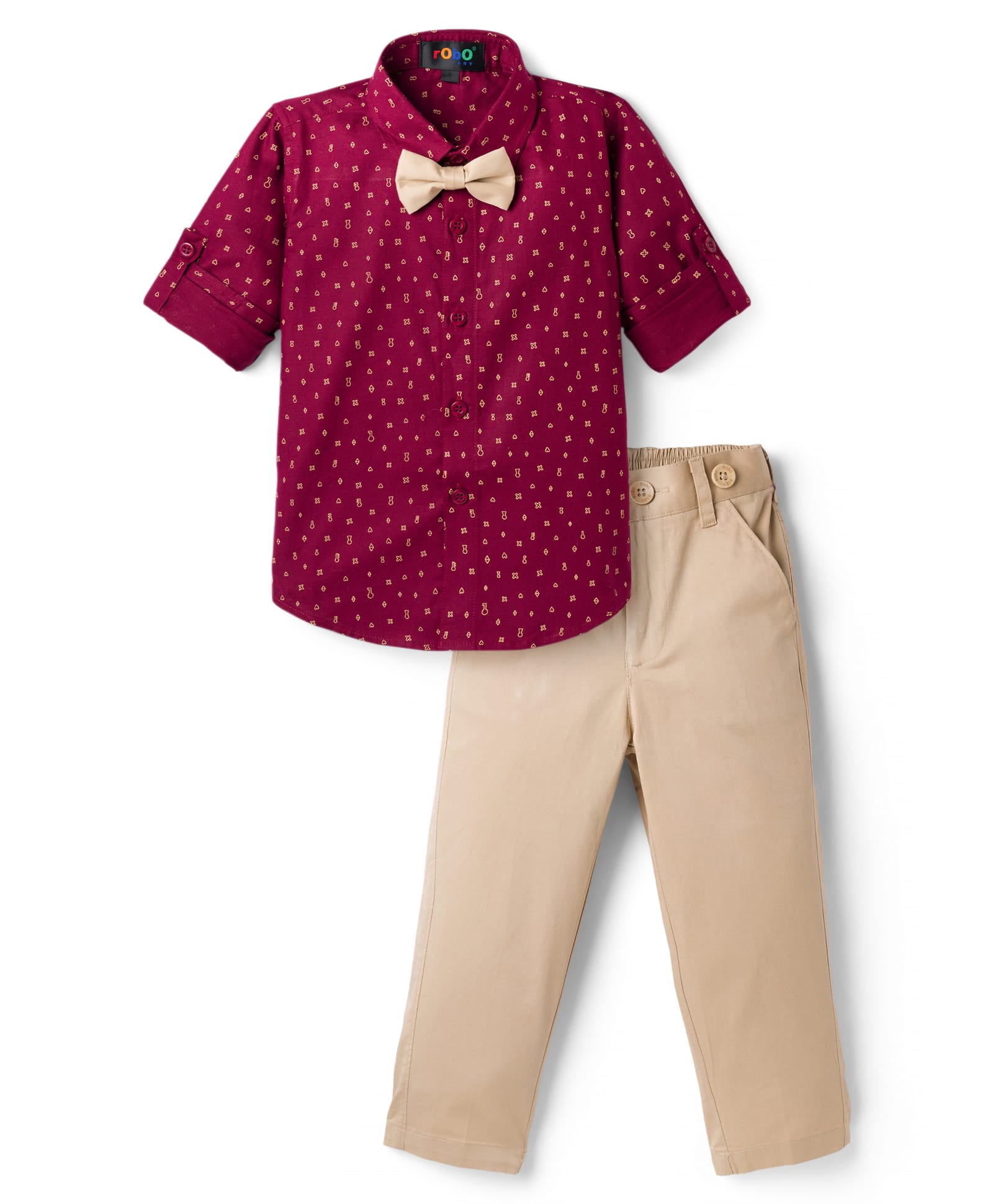 Robo Fry Cotton Woven Full Sleeves Printed Party Shirt & Trouser Set With Bow & Suspender - Maroon-image-29