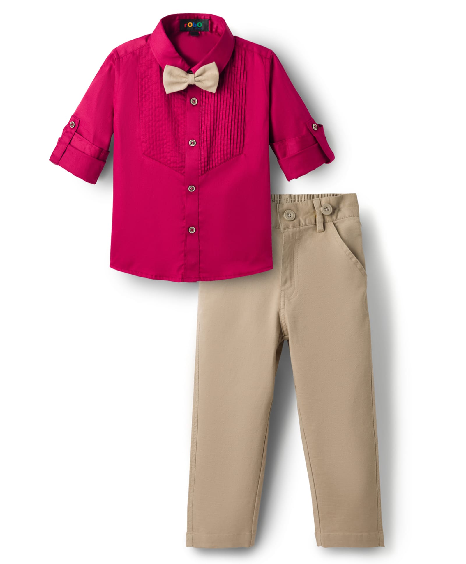 Robo Fry Cotton Woven Full Sleeves Solid Colour Party Shirt & Trouser Set with Bow & Suspender - Red-picture-22