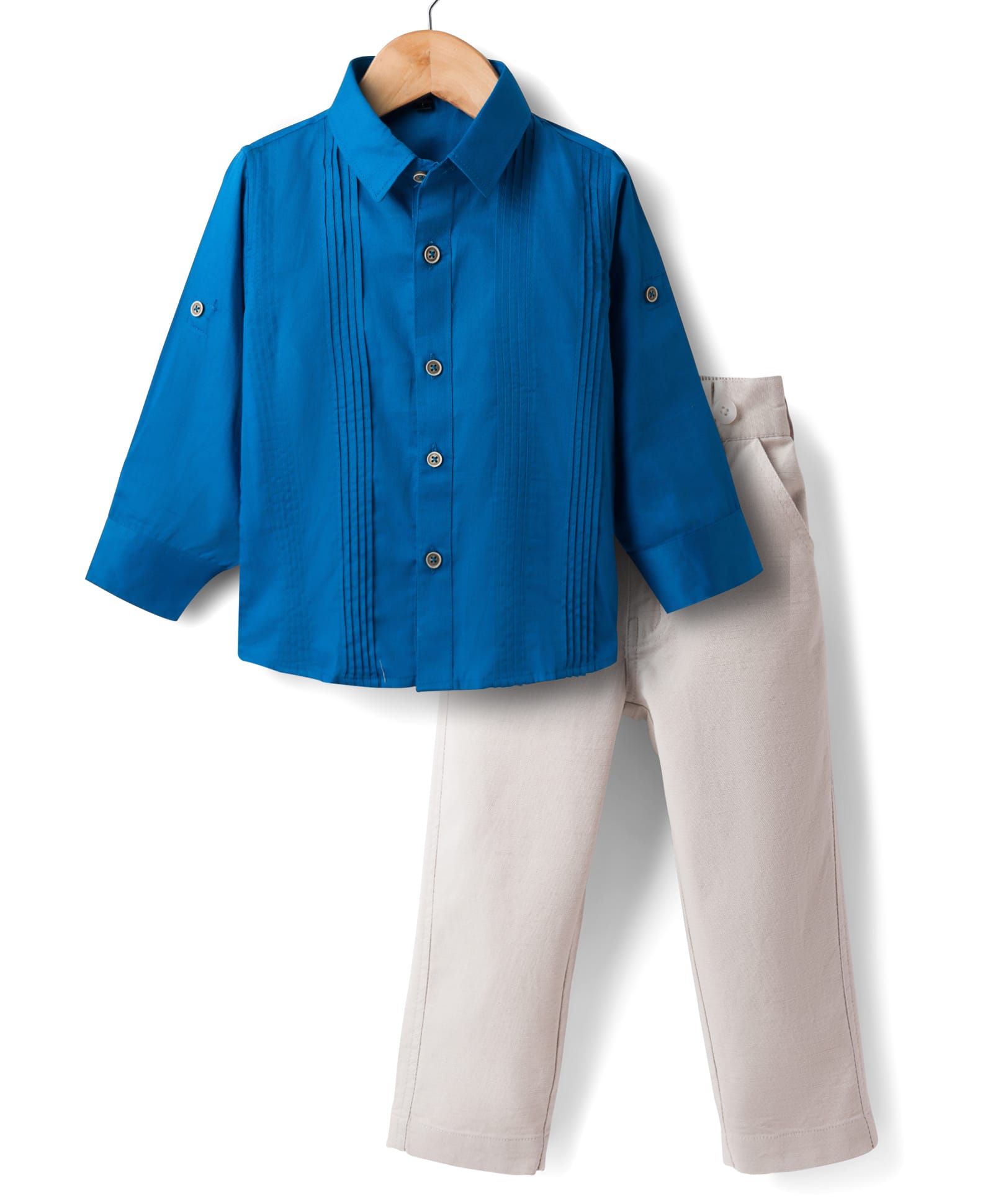 Robo Fry Cotton Woven Full Sleeves Solid Party Shirt & Trouser Set With Bow & Suspender - Blue-picture-18