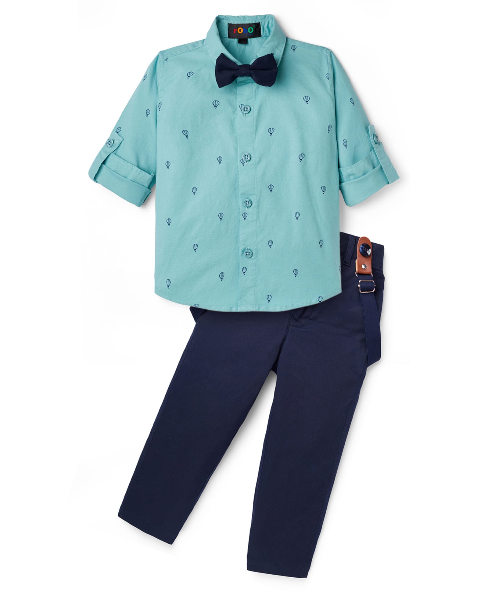 Robo Fry Cotton Woven Full Sleeves Hot Air Balloon Printed Party Shirt & Pant Set with Bow & Suspender - Teal Blue-image-49