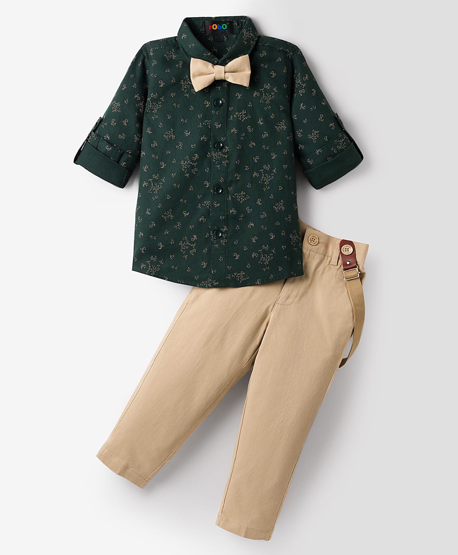 Robo Fry Cotton Woven Full Sleeves Floral Printed Party Shirt & Pant Set with Bow & Suspender - Green-image-44