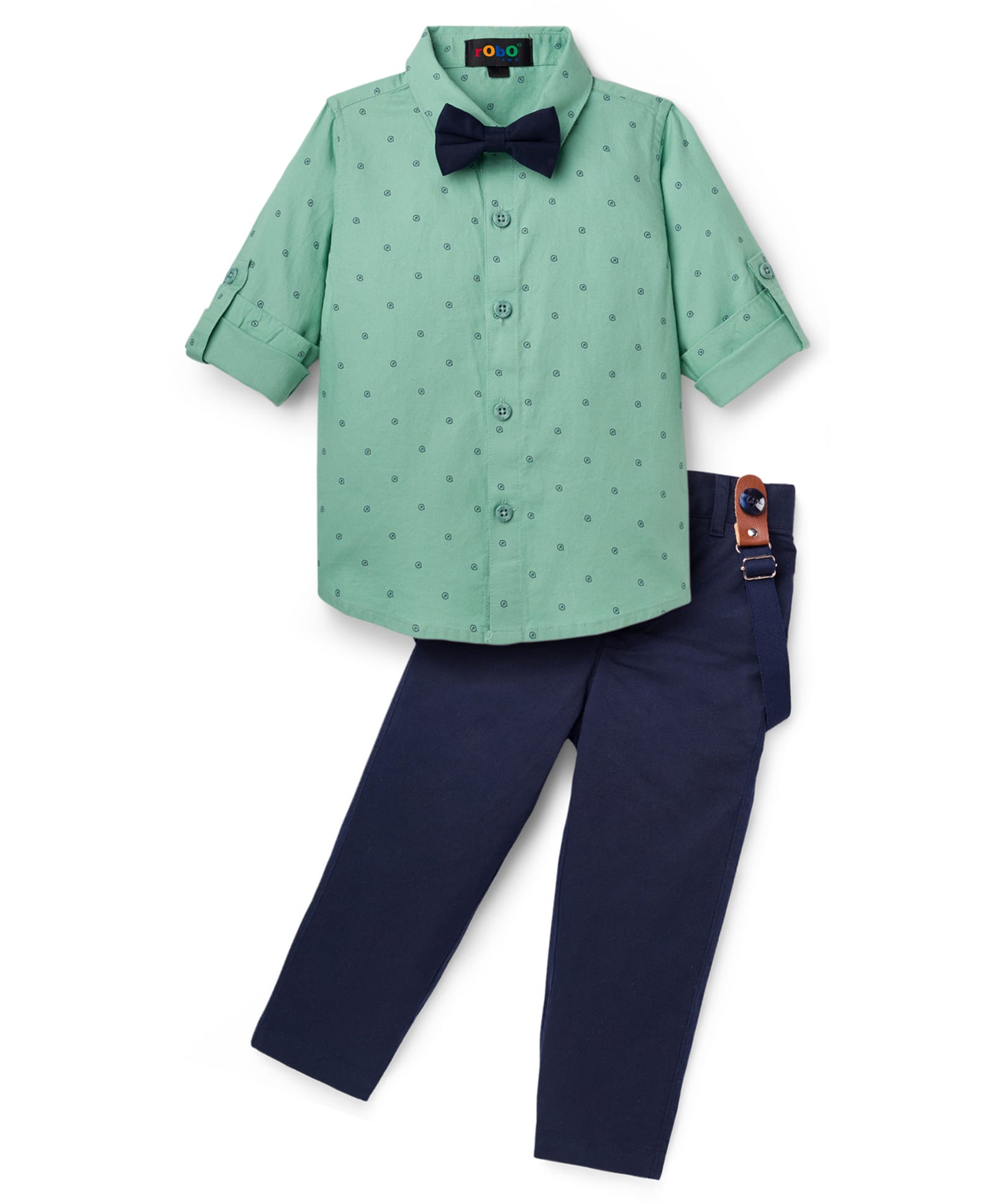 Robo Fry Cotton Woven Full Sleeves Musical Printed Party Shirt & Pant Set with Bow & Suspender - Sea Green-picture-7