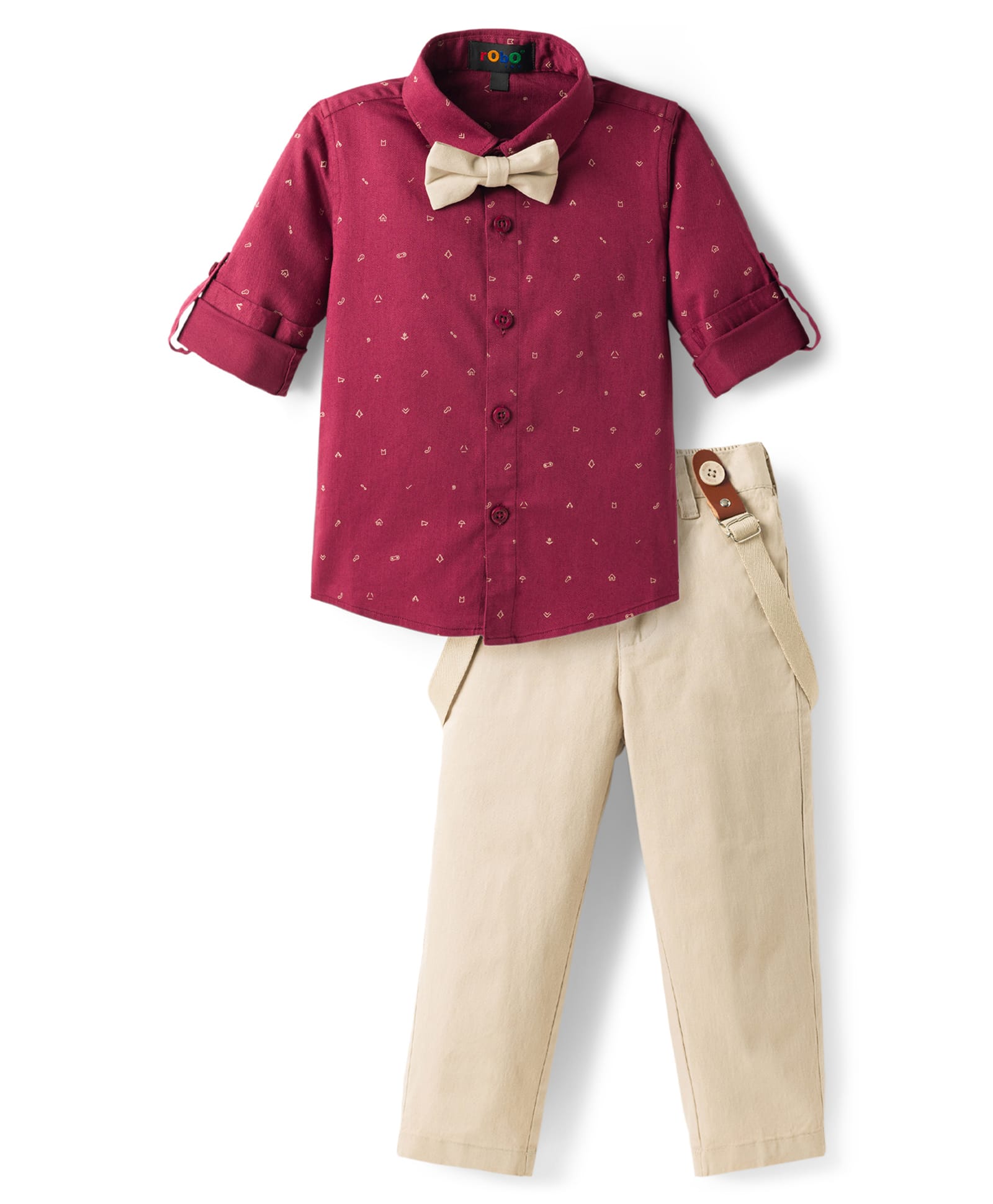 Robo Fry Cotton Woven Full Sleeves Printed Party Shirt & Pant Set with Bow & Suspender - Beige & Voilet-picture-16
