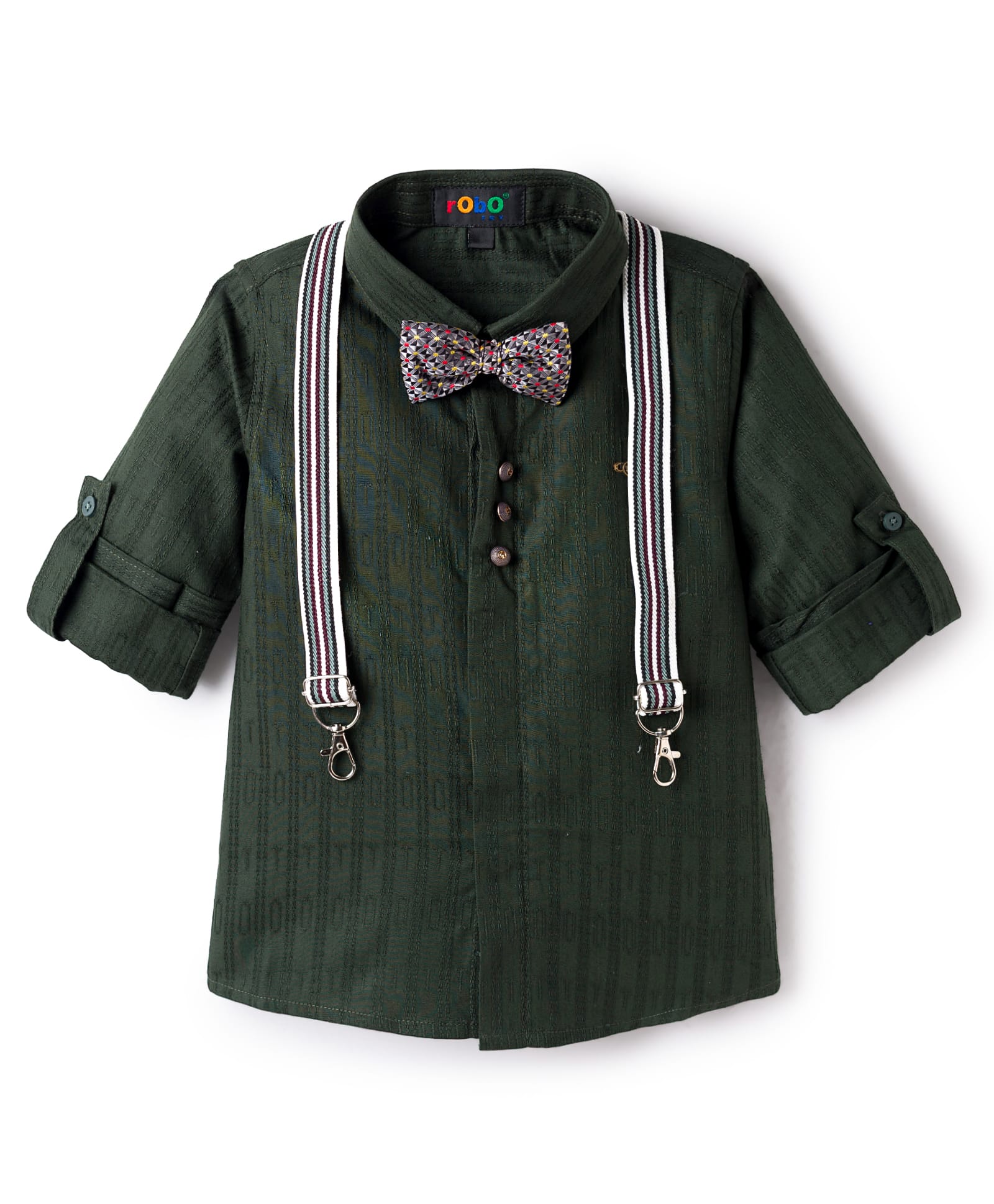 Robo Fry Full Sleeves Solid Color Party Shirt with Bow & Suspender - Green-image-10
