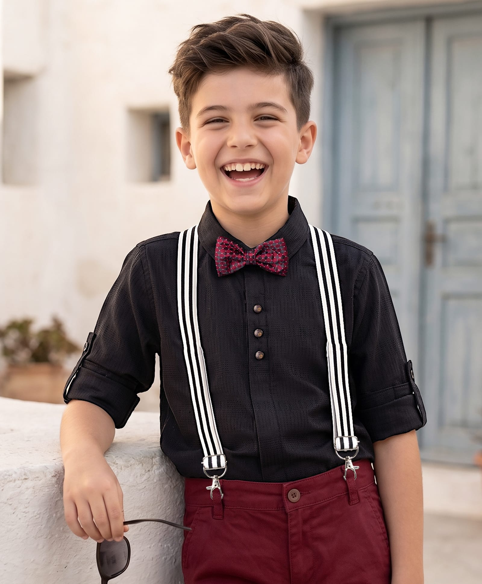 Robo Fry Full Sleeves Solid Color Party Shirt with Bow & Suspender - Navy Blue-picture-31