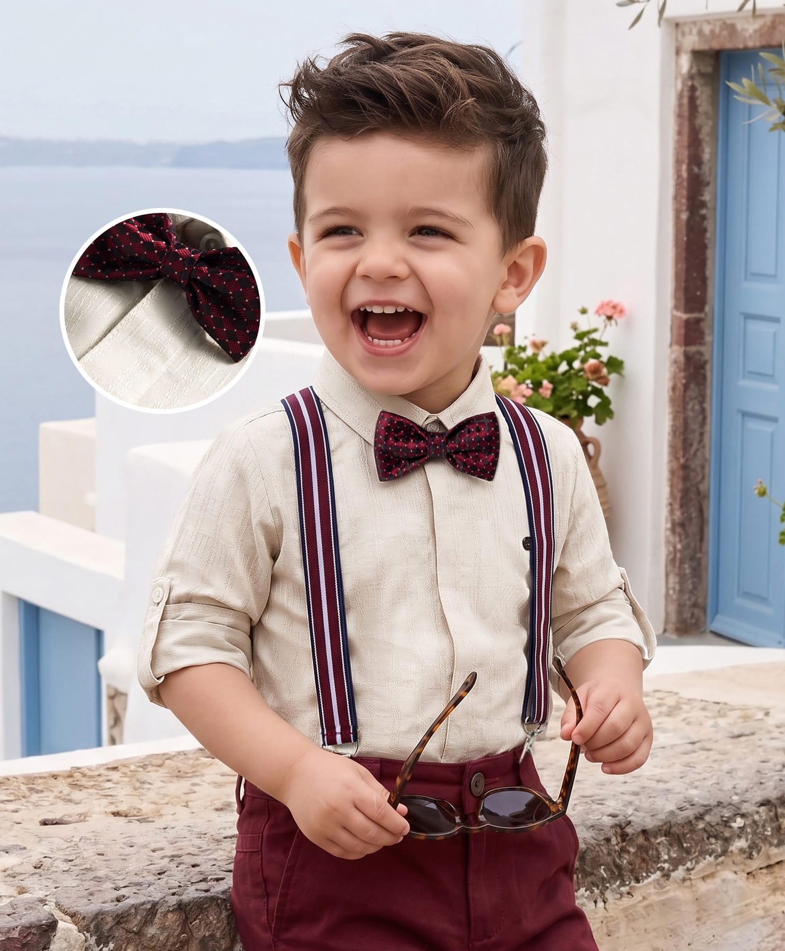 Robo Fry Cotton Woven Full Sleeves Textured Party Shirt with Bow & Suspender - Cream-picture-19