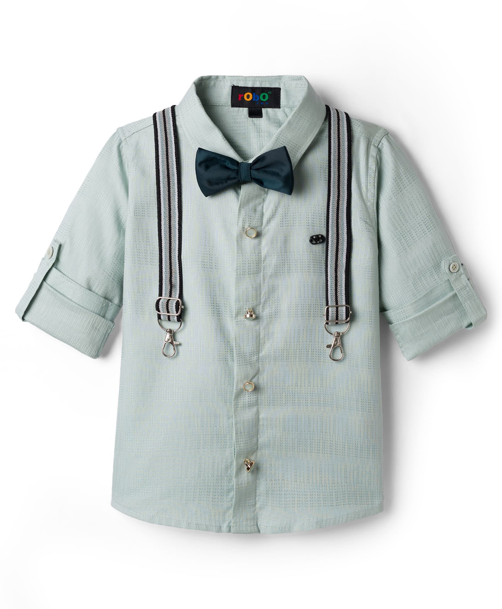 Robo Fry Cotton Woven Full Sleeves Solid Color Party Shirt with Bow & Suspender - Sea Green-picture-38